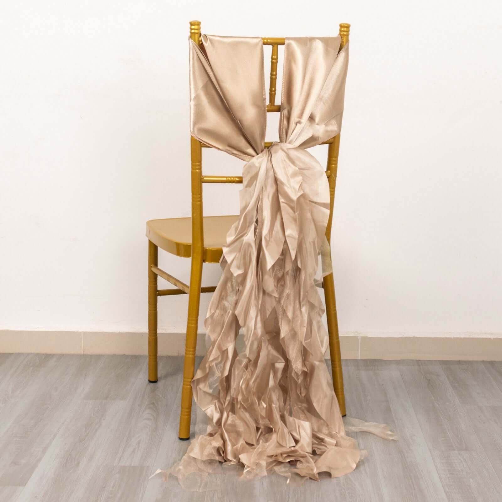 5 Pack Chiffon Satin Chair Sashes Nude - Easy to Install Ruffled Curly Willow