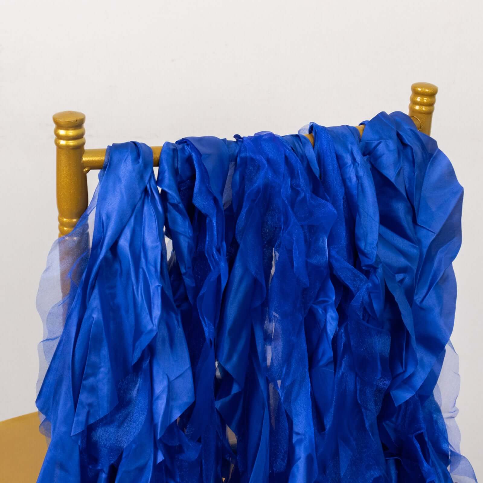 5 Pack Chiffon Satin Chair Sashes Royal Blue - Easy to Install Ruffled Curly Willow