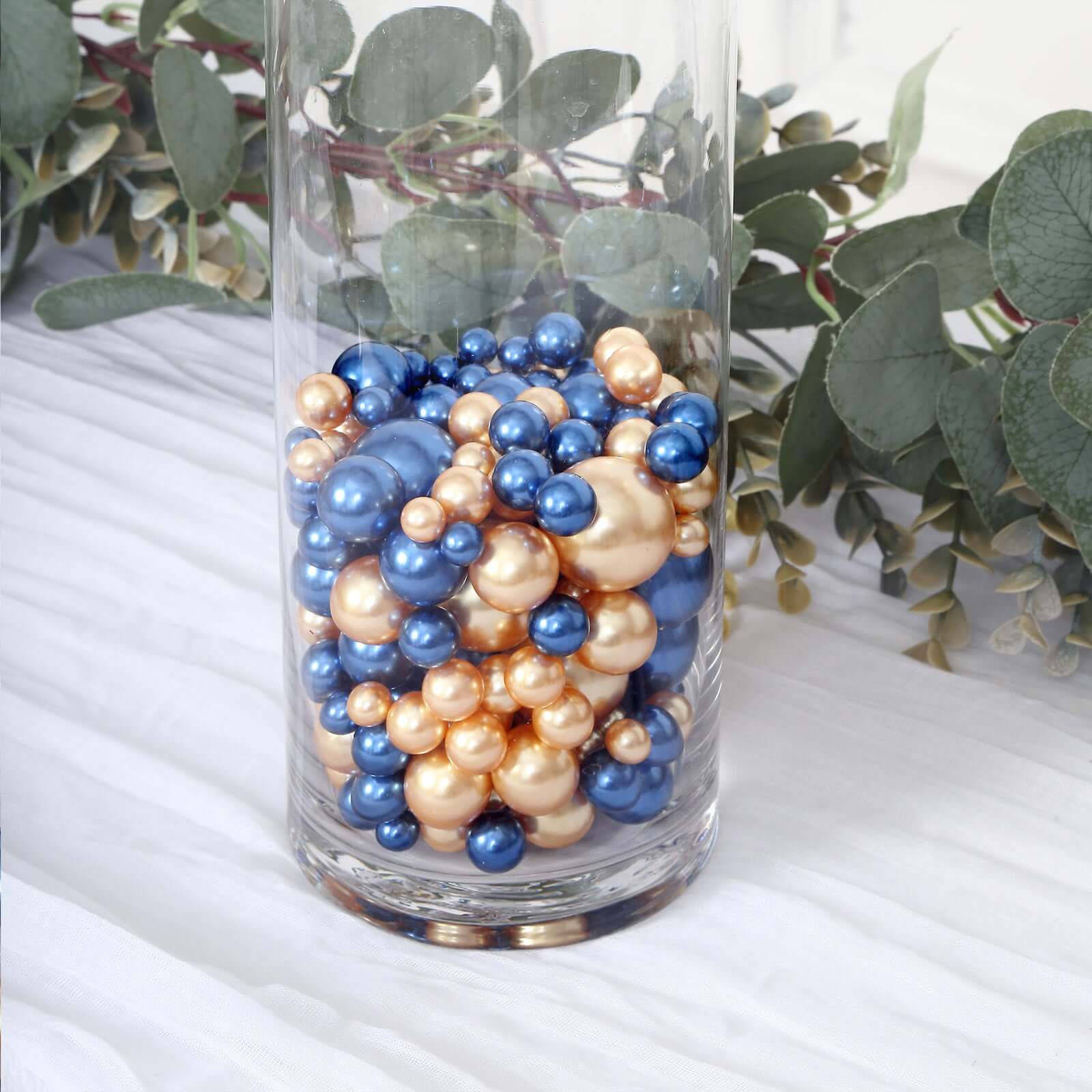 200Pcs Assorted Pearl Beads Vase Fillers in Navy Blue and Gold - Lustrous DIY Craft Bead Set