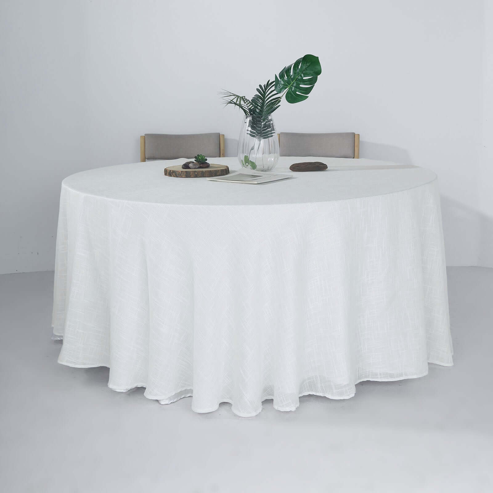 Faux Linen 120 Round Tablecloth White - Modern Slubby Texture with Wrinkle-Resistant Appeal Seamless Table Cover