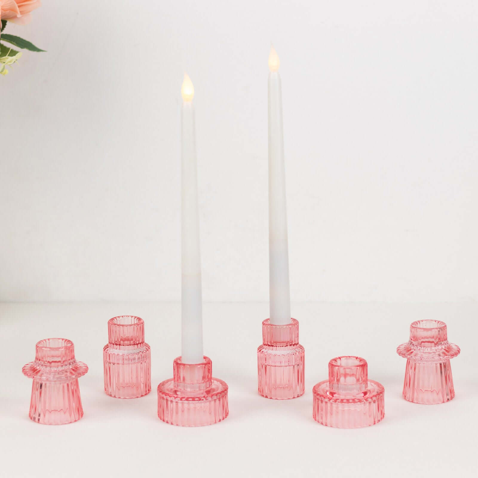 Set of 6 Glass Taper Candle Holders Ribbed Crystal Design Pink - Reversible Mini Votive Tealight Stands 3