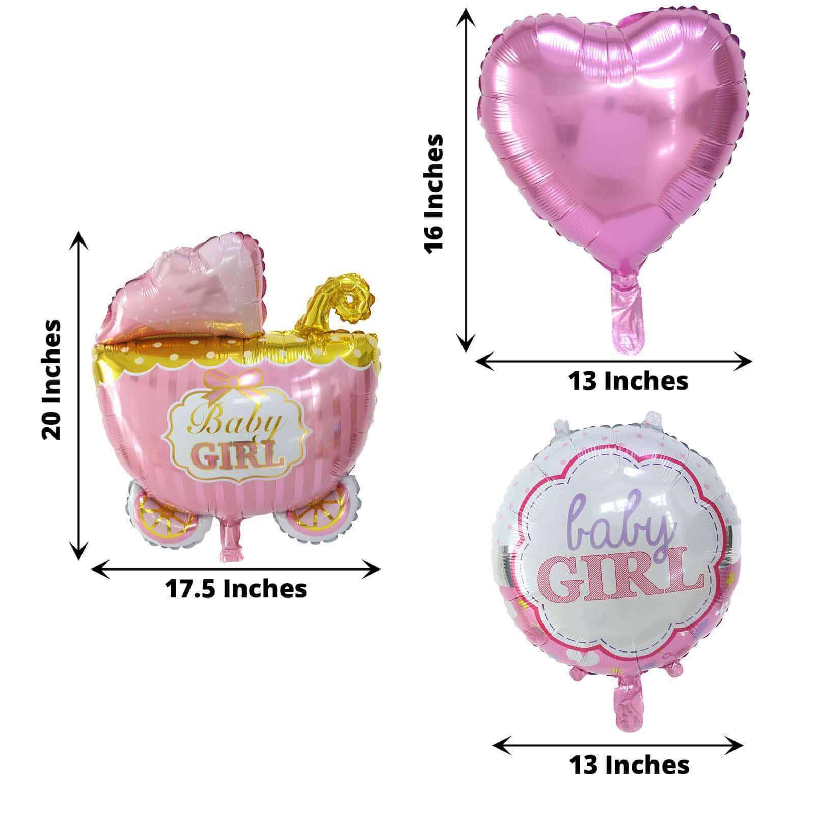 Set of 5 Pink White Girl Baby Shower Mylar Foil Balloon Set, Heart, Round and Baby Carriage Balloon Bouquet With Ribbon, Gender Reveal Party Decorations