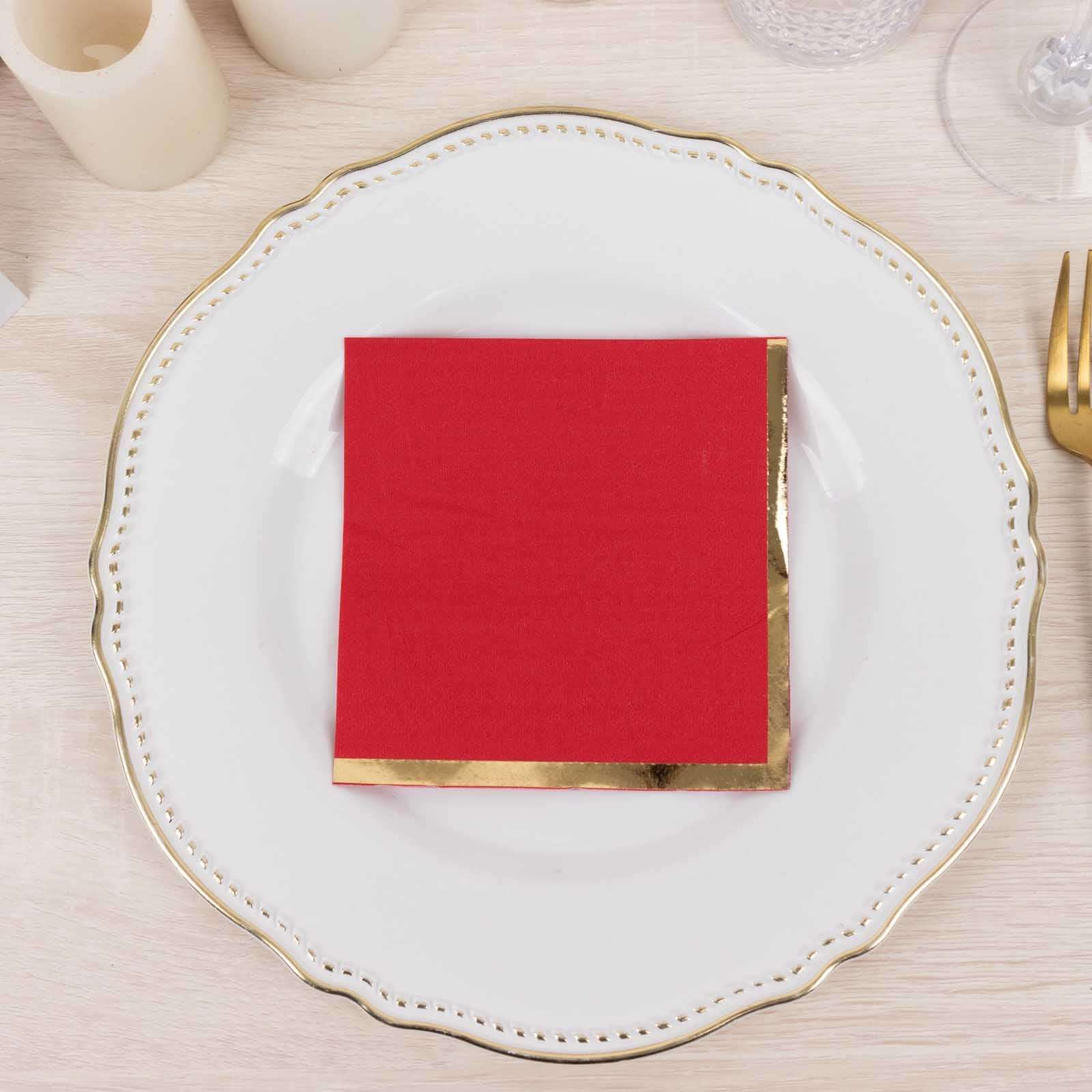 50-Pack Paper Beverage Napkins Red with Gold Foil Edge - 2 Ply Disposable Soft 18GSM Cocktail Napkins 5x5