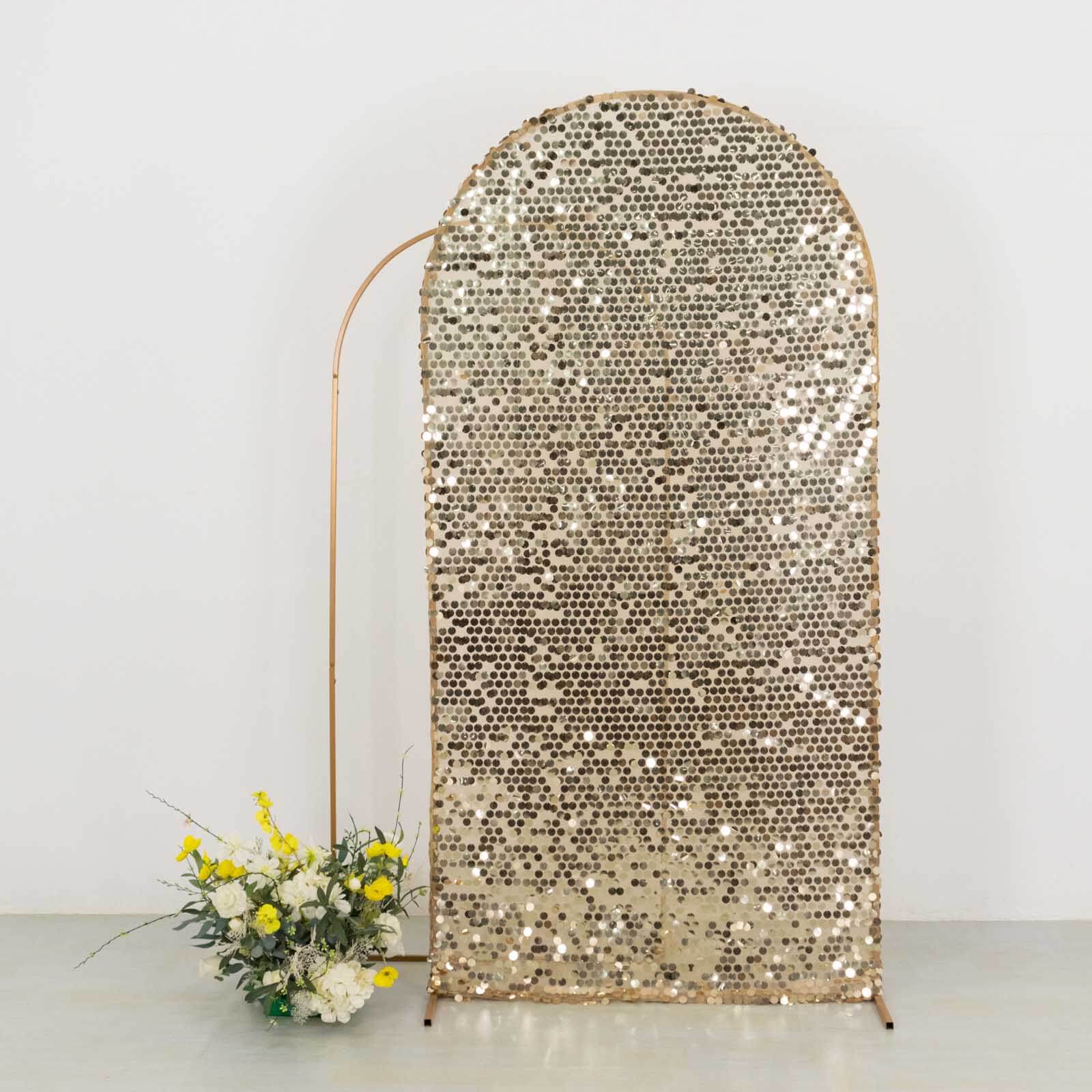 7ft Sparkly Champagne Big Payette Sequin Fitted Wedding Arch Cover for Round Top Chiara Backdrop Stand