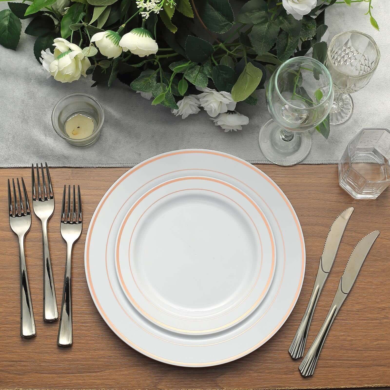 10-Pack Plastic Dinner Plates White with Très Chic Rose Gold Rim - Perfect Disposable Party Plates 10