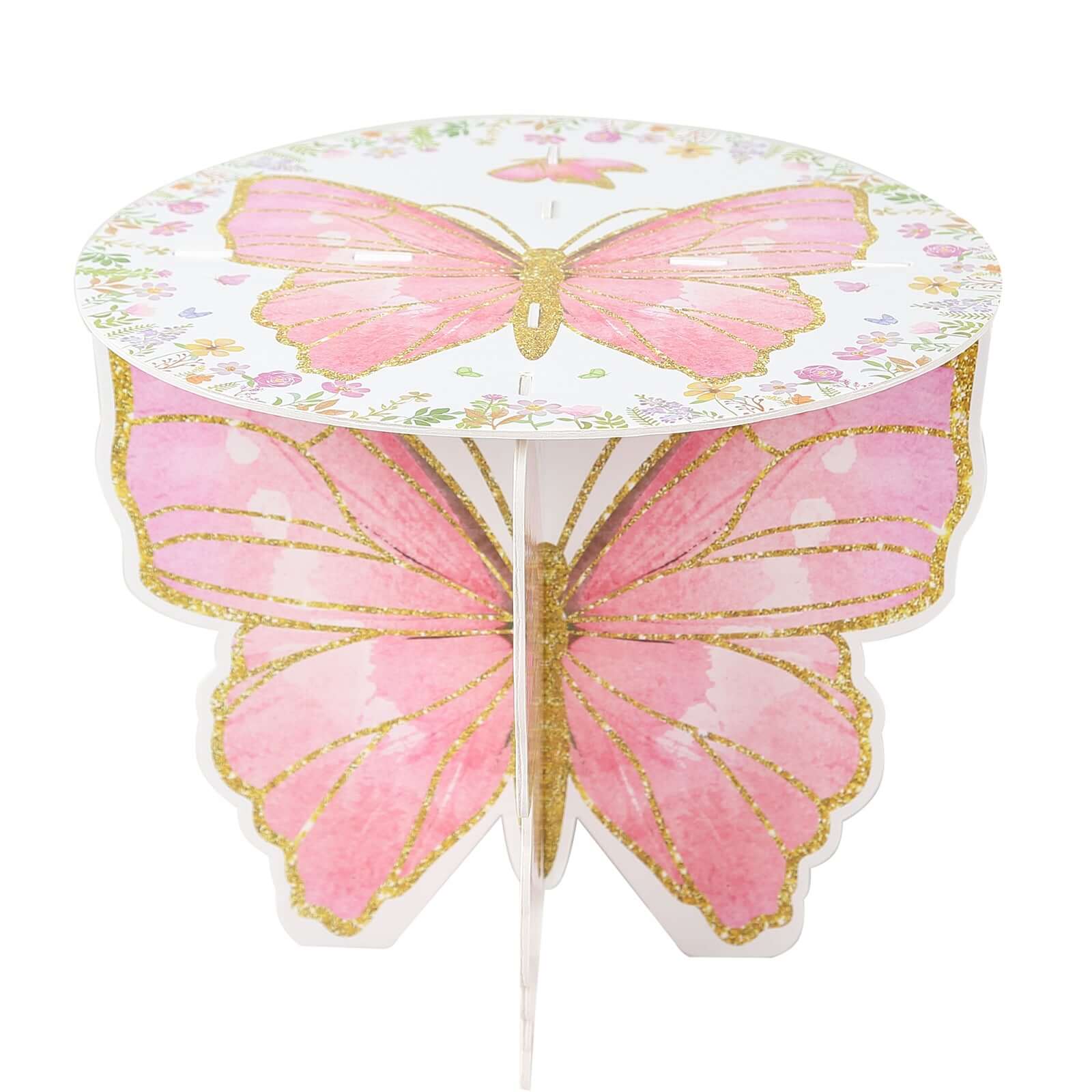 2-Pack Foam Board Cake Stands White/Pink Glitter Butterfly with Floral Print - Sturdy Cupcake Dessert Holder Display Stands for Enchanted Garden Party Birthday & Event Decor 12