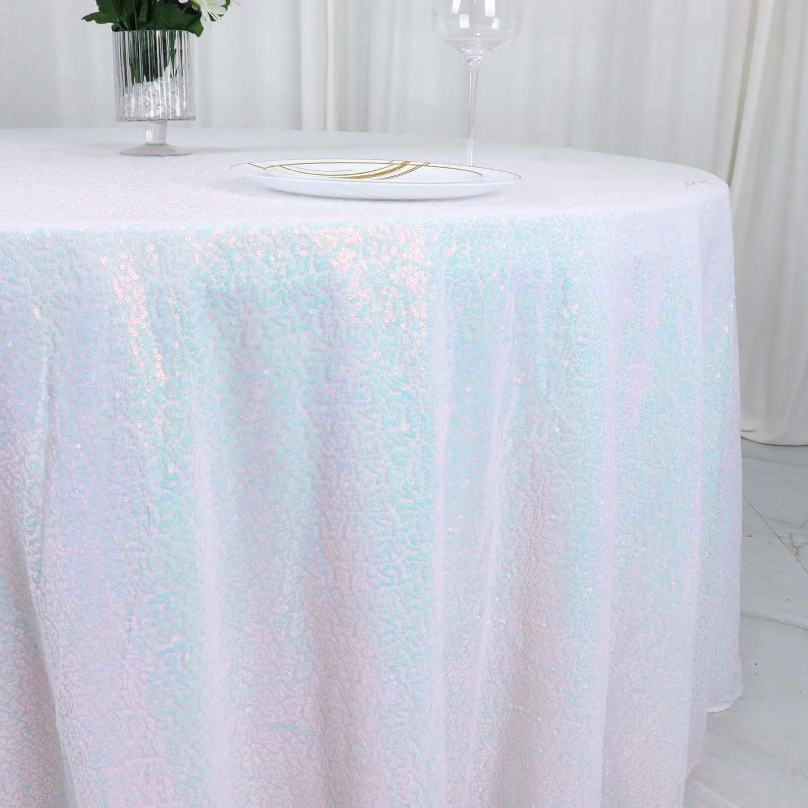 Sequin 132 Round Tablecloth Iridescent Blue - Seamless Dazzling Table Cover