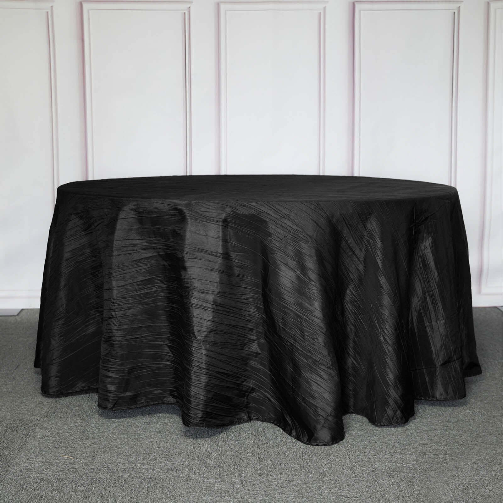 Taffeta 120 Round Tablecloth Black - Seamless Accordion Crinkle Design for Stylish Occasions