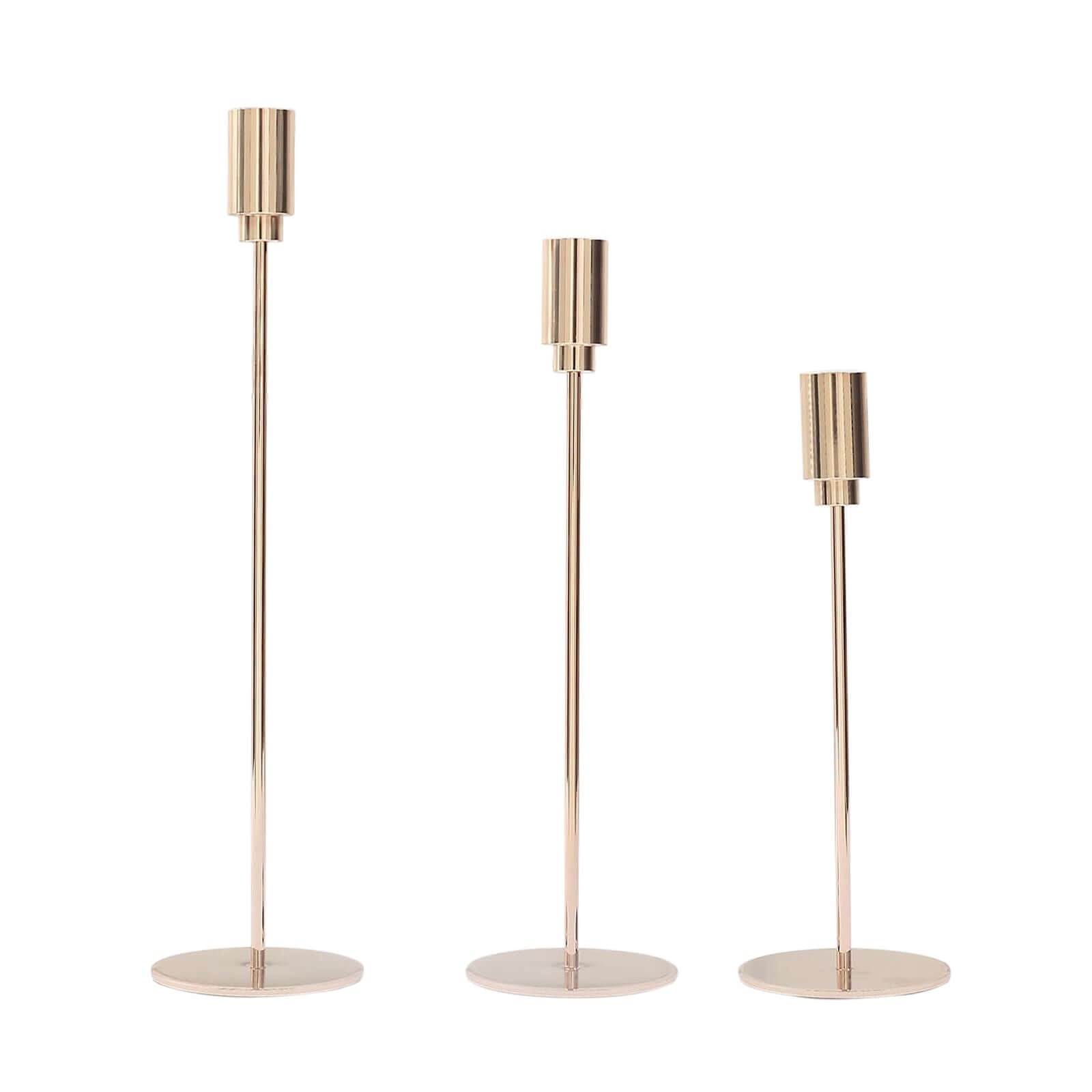 Set of 3 Taper Candle Stands Gold Metal Decorative Round Base Design - Wedding Table Accents 9, 10, 13