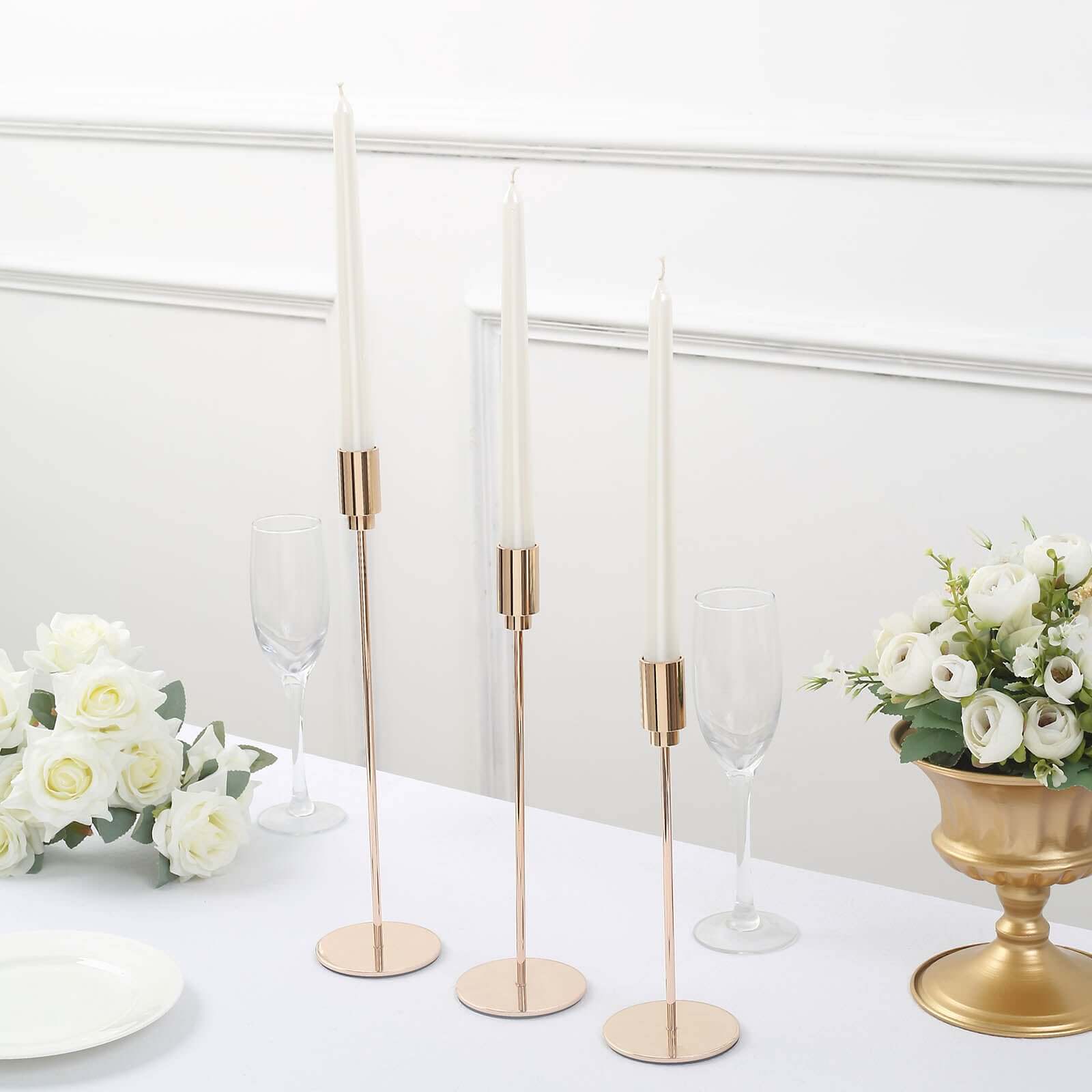 Set of 3 Taper Candle Stands Gold Metal Decorative Round Base Design - Wedding Table Accents 9, 10, 13