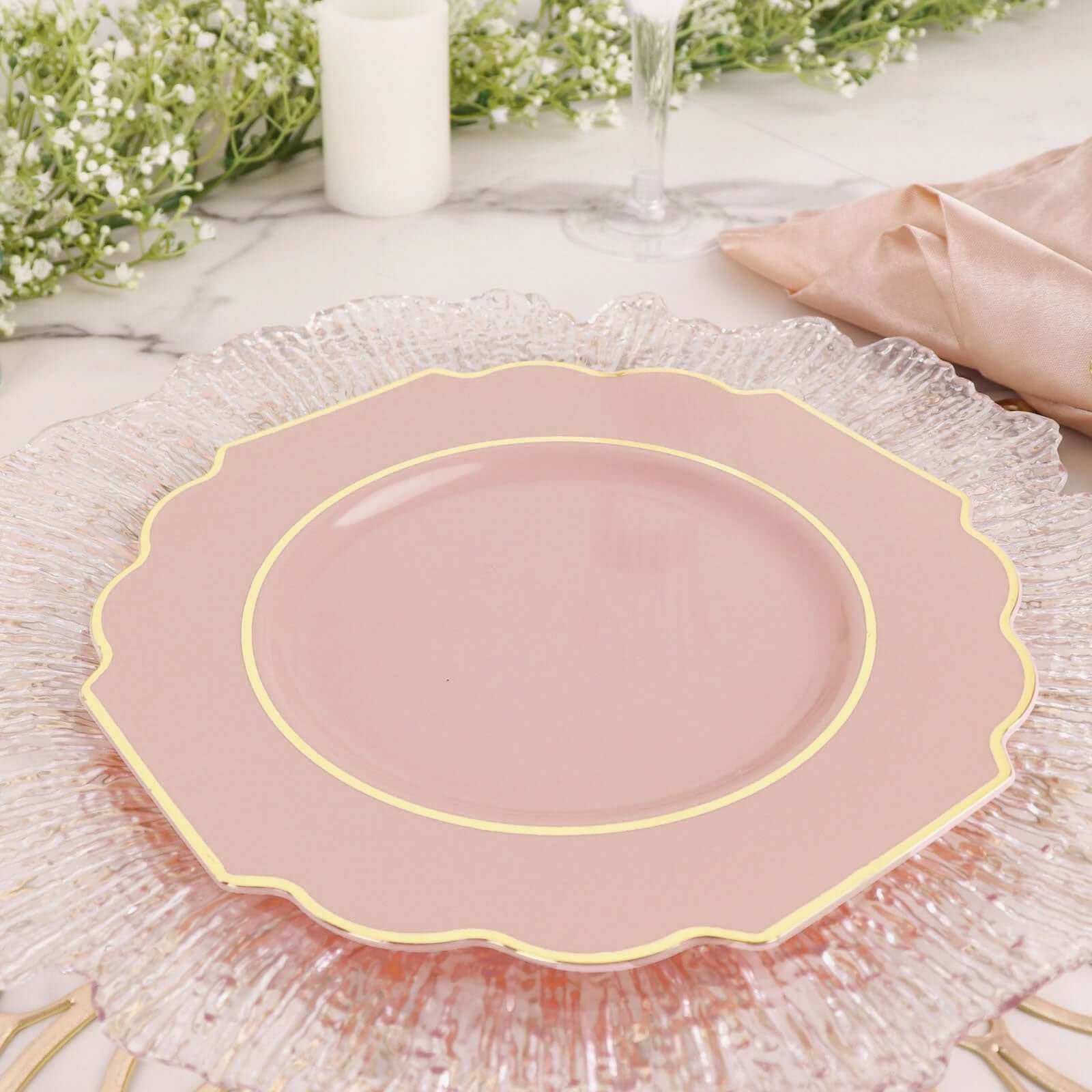 10-Pack Plastic Dessert Appetizer Plates in Blush Baroque Design with Scalloped Gold Rim - Heavy Duty Disposable Salad Plates 8