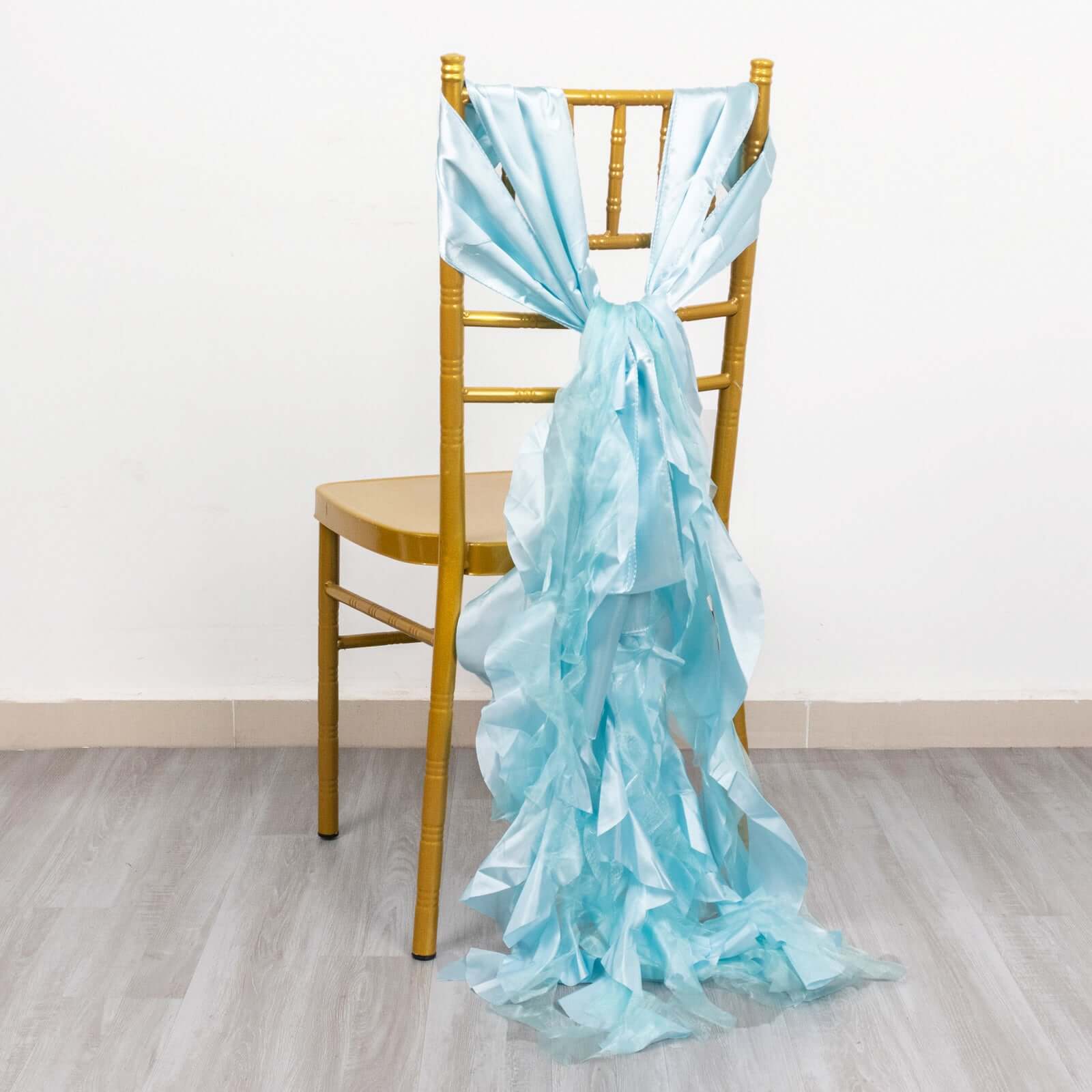 5 Pack Chiffon Satin Chair Sashes Light Blue - Easy to Install Ruffled Curly Willow