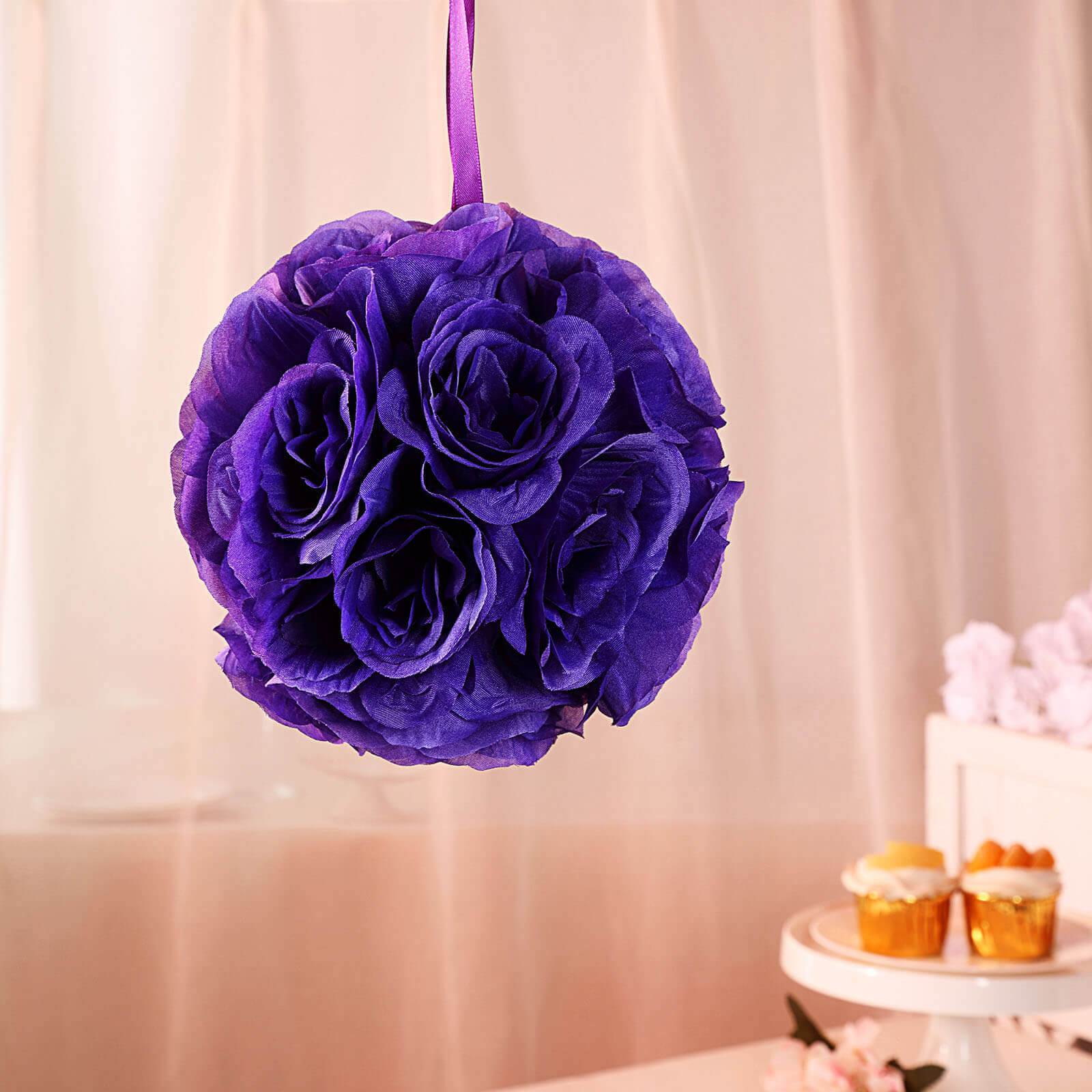 2 Pack 7 Purple Artificial Silk Rose Kissing Ball, Faux Flower Ball