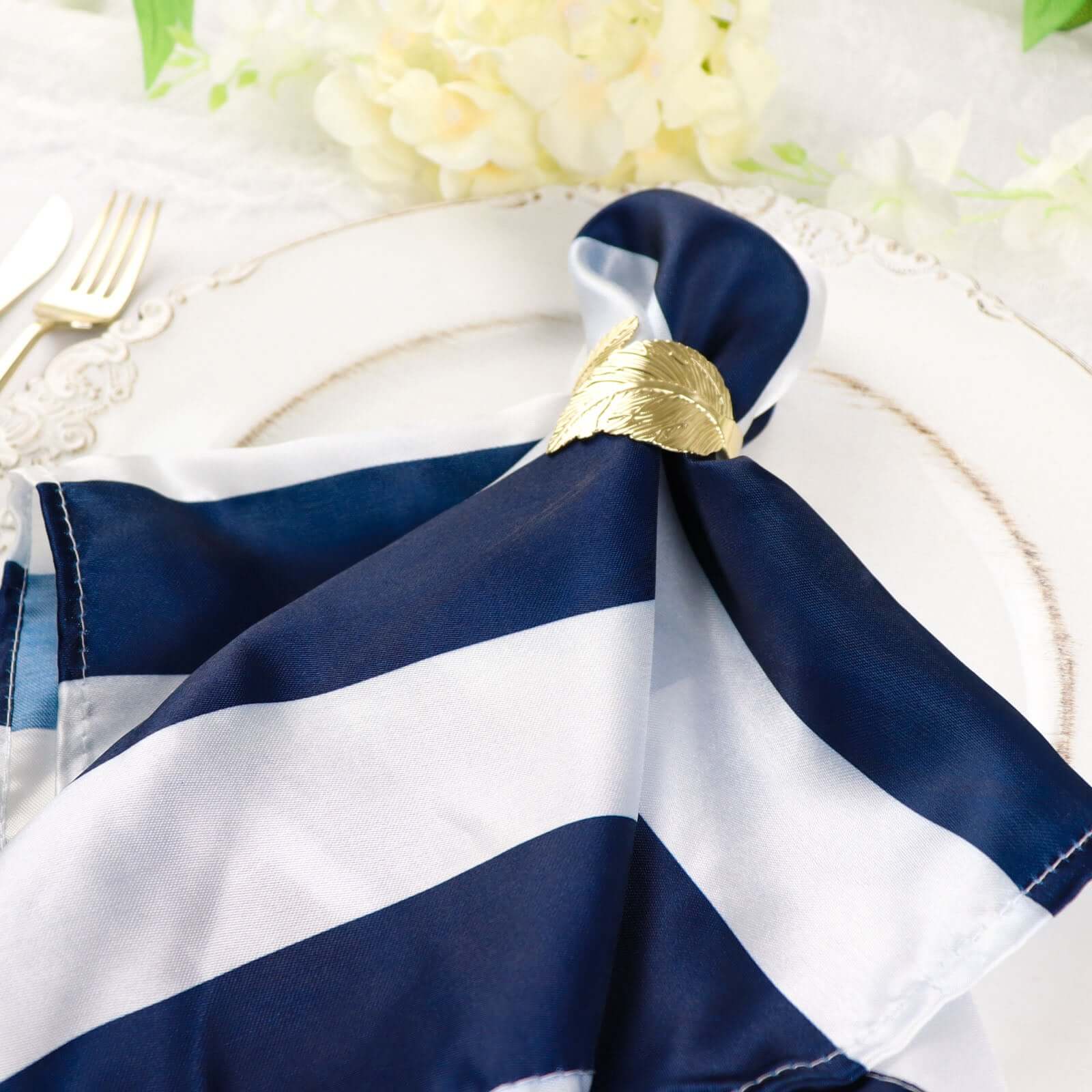 5 Pack Satin 20x20 Napkins Navy Blue/White - Striped Reusable Dinner Napkins