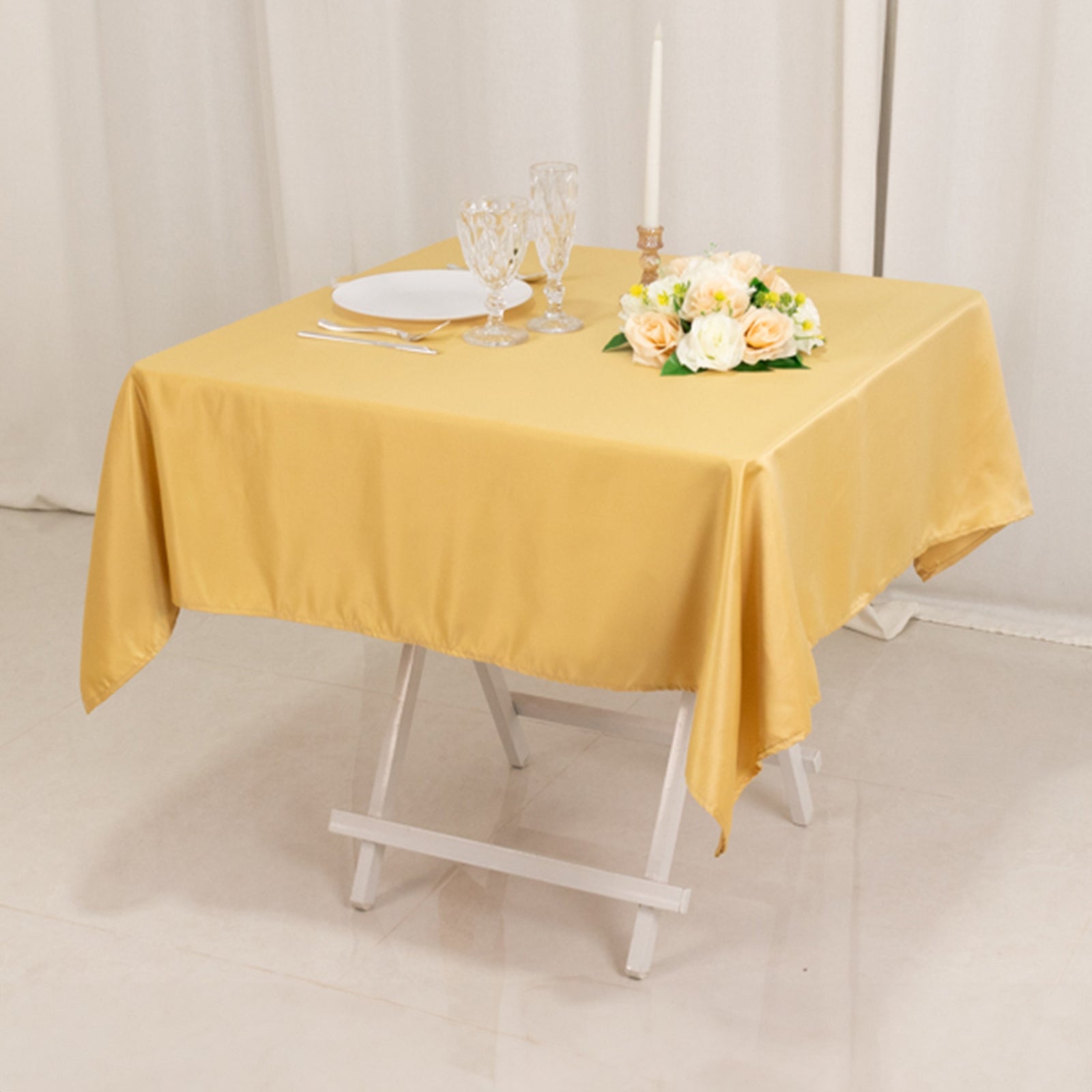 Lamour Satin 54x54 Table Overlay Square Tablecloth Champagne - Durable & Silk-Like Table Cover