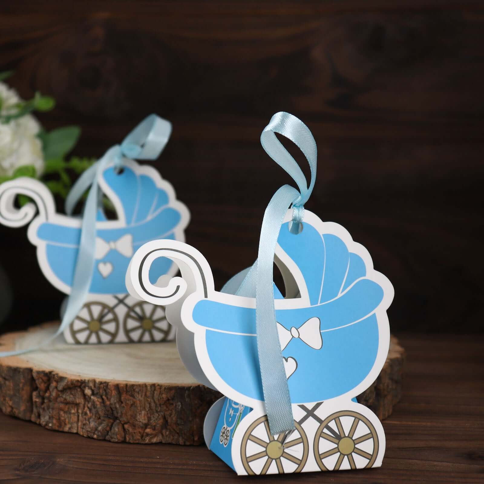 25 Pack Light Blue Baby Paper Stroller Party Favor Gift Boxes, Cardstock Carriage Candy Boxes with Ribbon Ties - 4.5x2x4