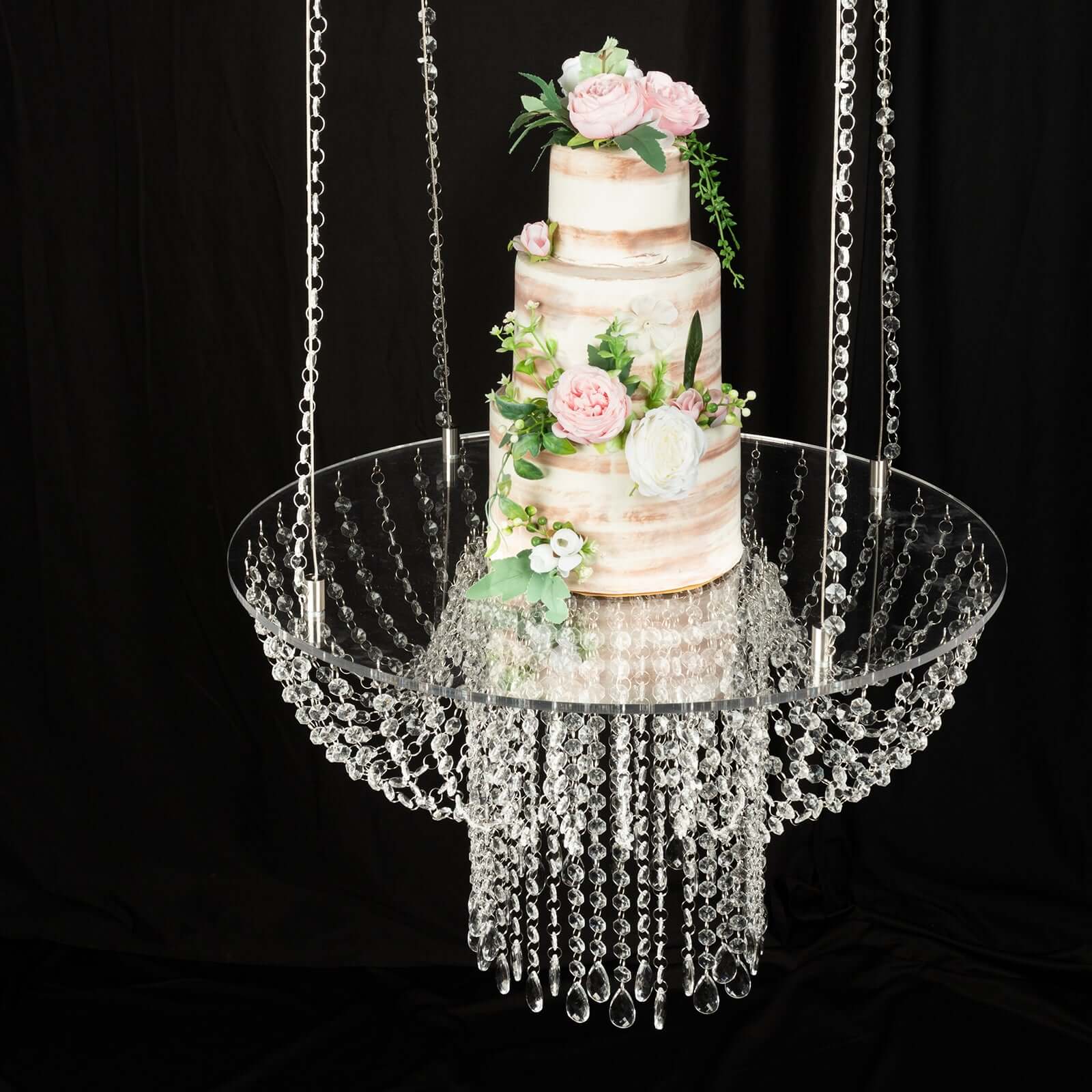 Acrylic Hanging Chandelier Cake Stand with Crystal Drapes - Suspended Round Wedding Cake Swing with 5ft Steel Wire Chains 25