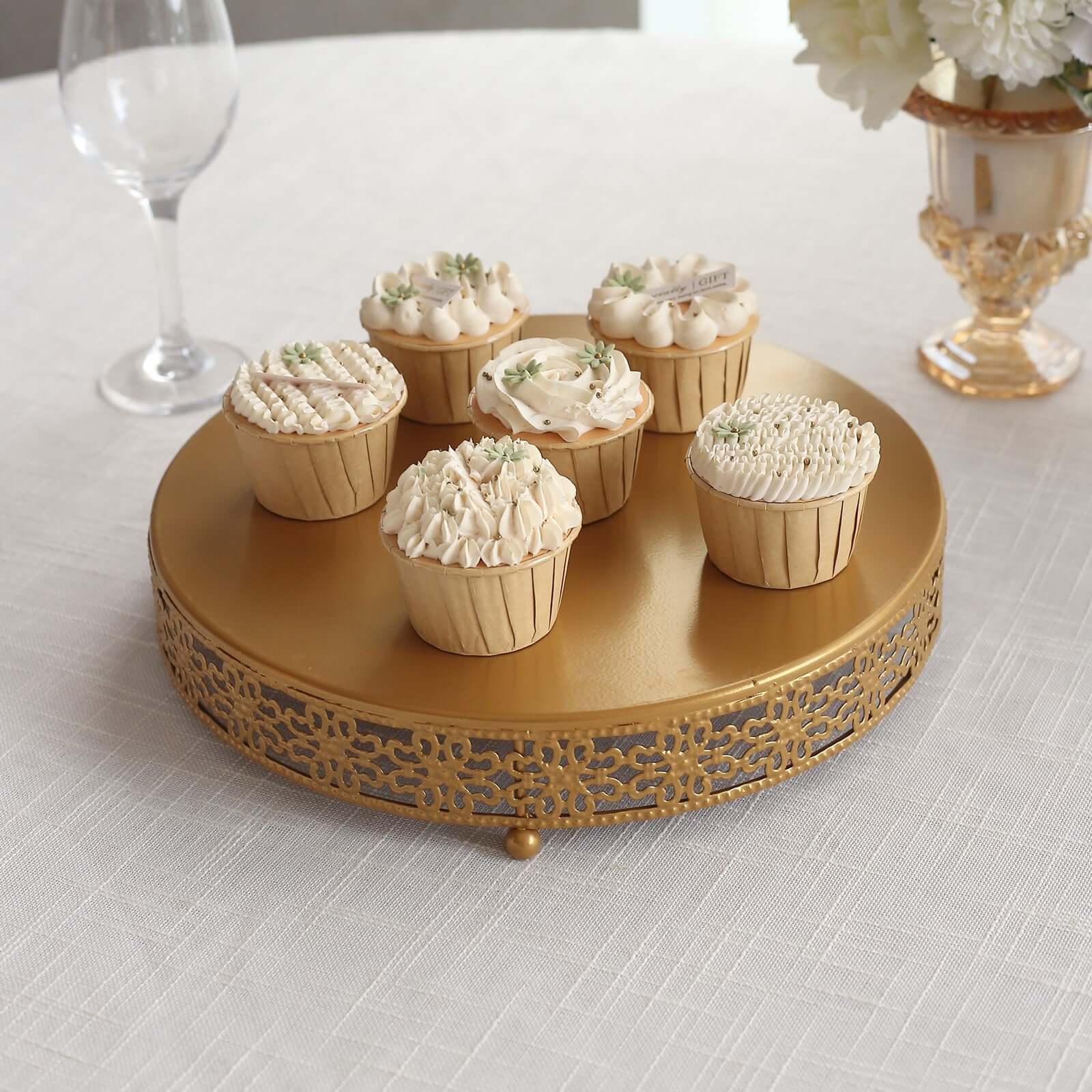 Metal Pedestal Cake Stand Fleur De Lis Round Design Gold - Cupcake Dessert Display Table Centerpiece 12