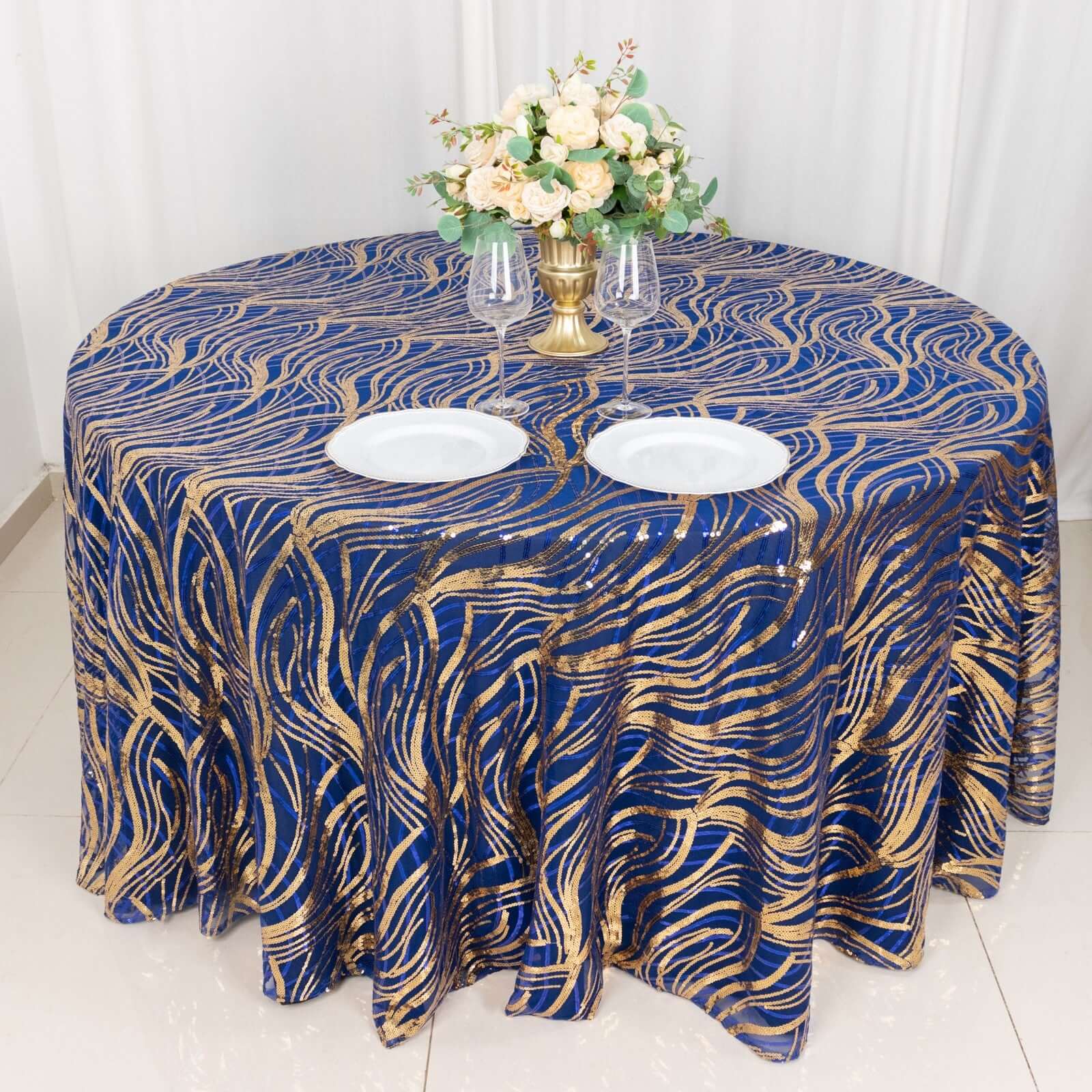 Sequin Mesh 120 Round Tablecloth Royal Blue/Gold - Seamless Wave Embroidered Table Cover