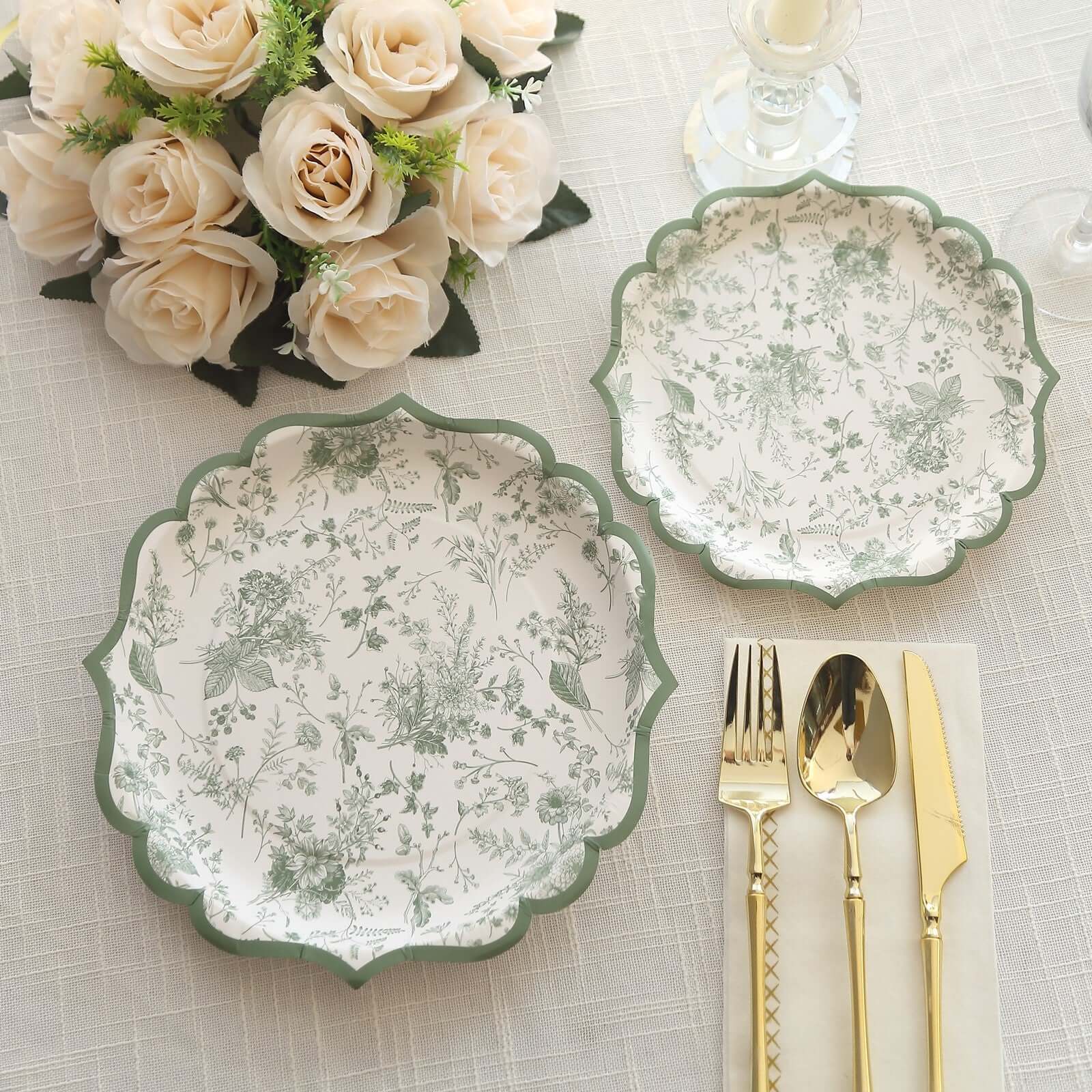 25-Pack Paper 10 Round Dinner Plates in White with Sage Green French Toile Design & Scalloped Rim - Disposable 300GSM Party Plates for Classy Events & Special Occasions