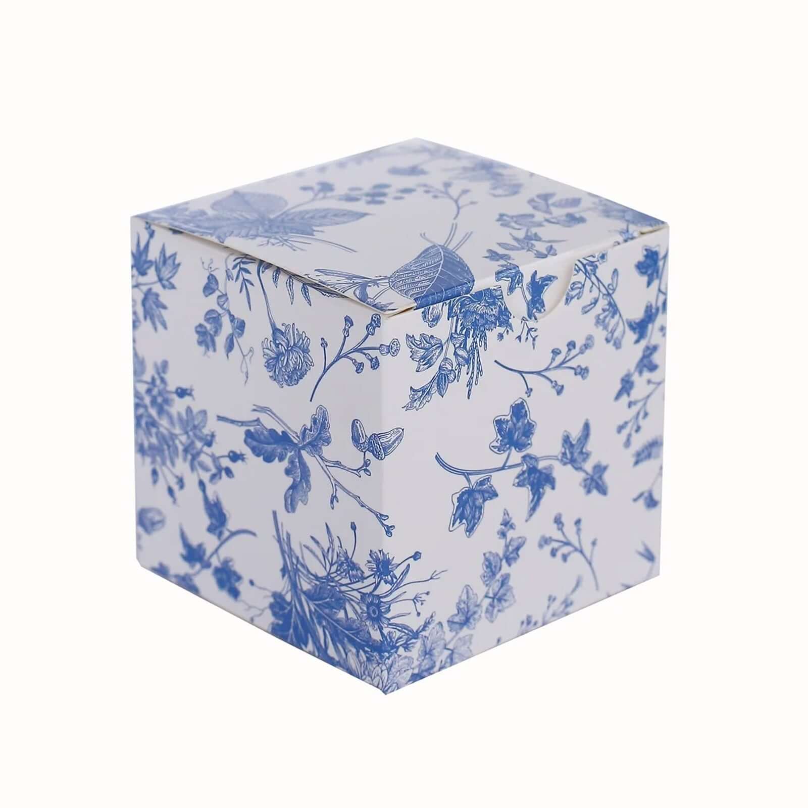 25 Pack White Blue Paper Favor Boxes in French Toile Pattern, Cardstock Party Shower Candy Gift Boxes - 3x3x3