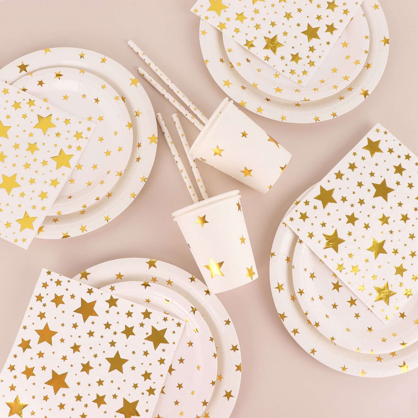 120 Pcs Paper Dinnerware Set White with Gold Stars Design - Disposable Tableware Combo-Pack with Plates, Cups, and Napkins