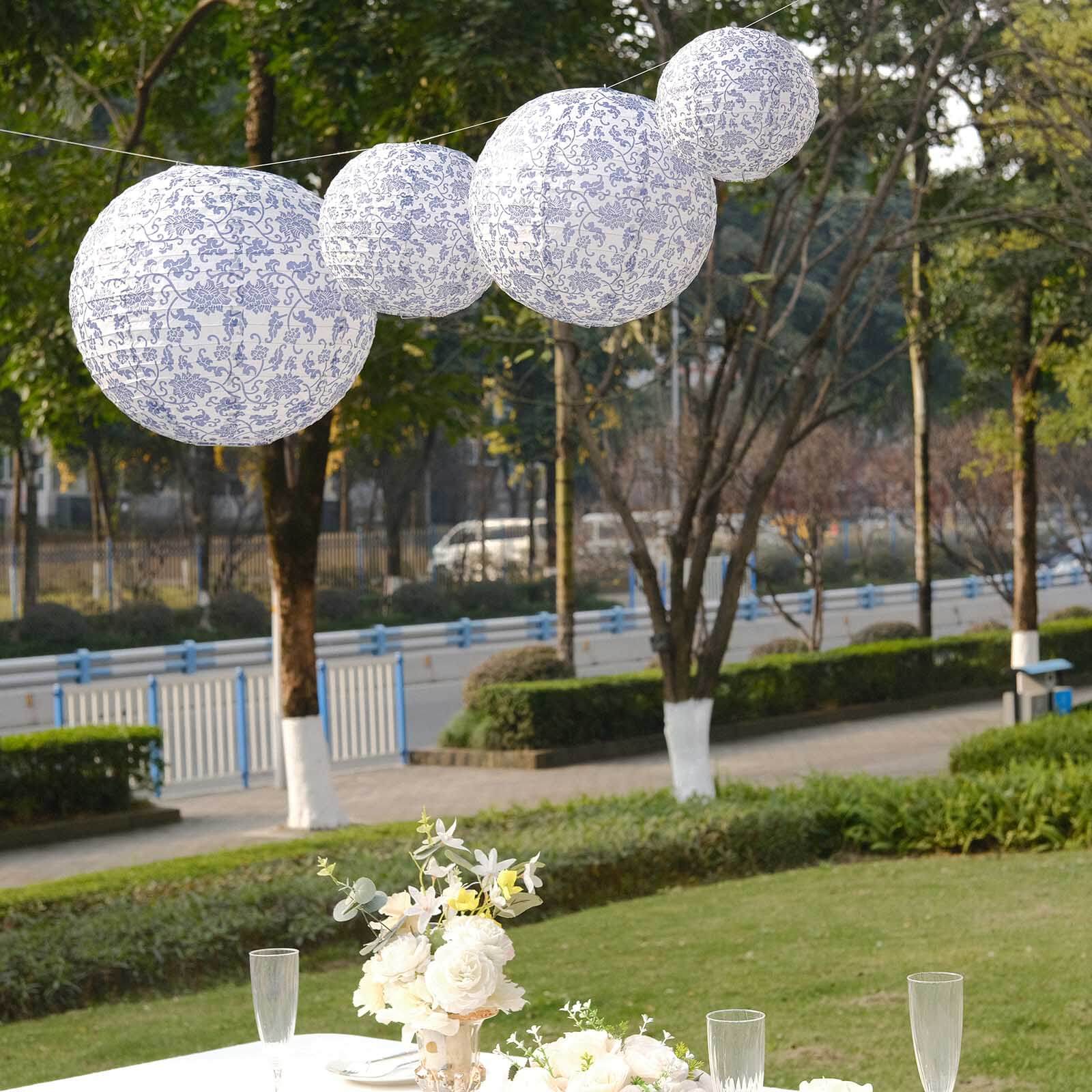 Set of 8 White Blue Hanging Chinese Lanterns in French Toile Floral Pattern, Festival Paper Lanterns - 6,8,10,14