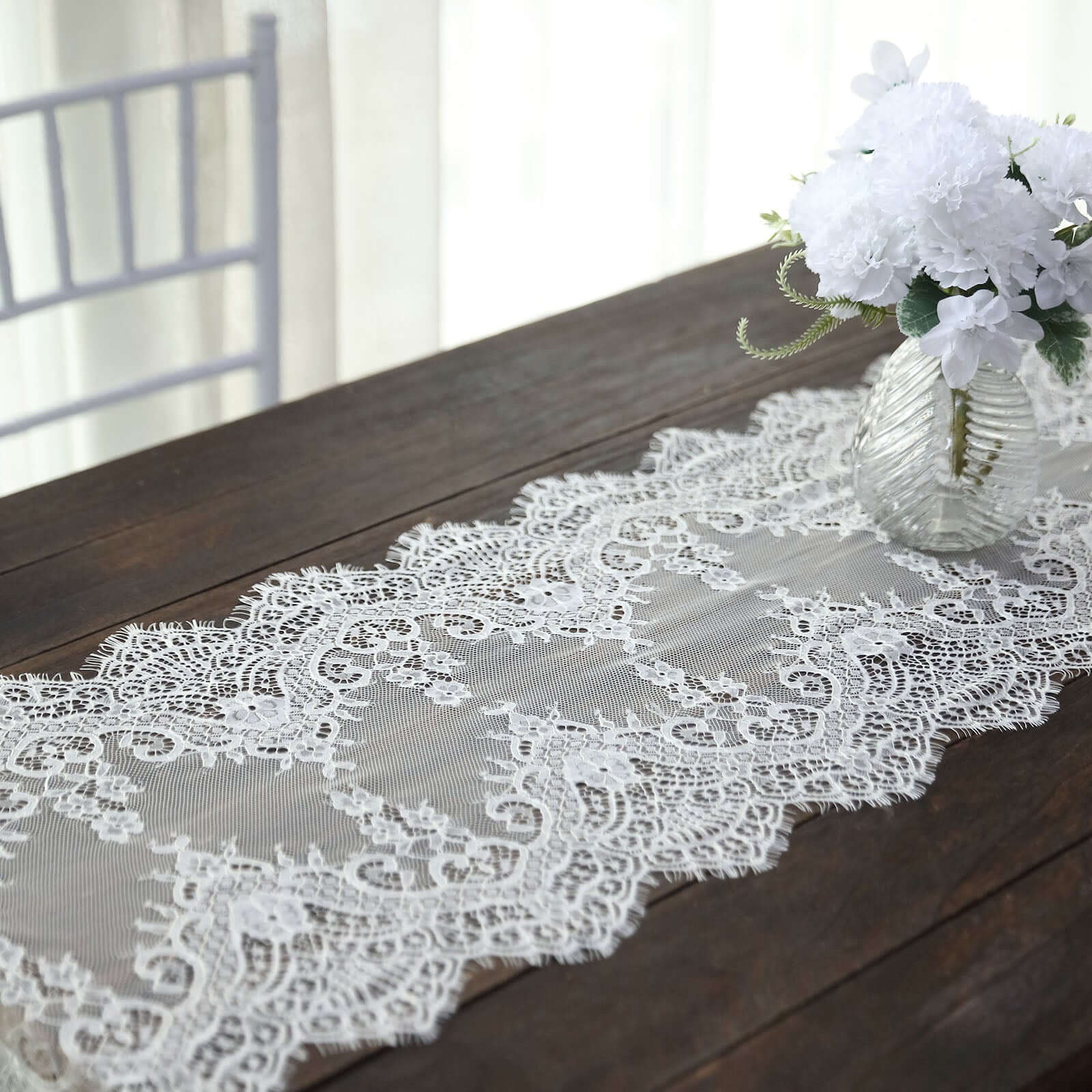 Premium Lace Fabric 15x117 Table Runner Ivory - Scalloped Lace Elegance