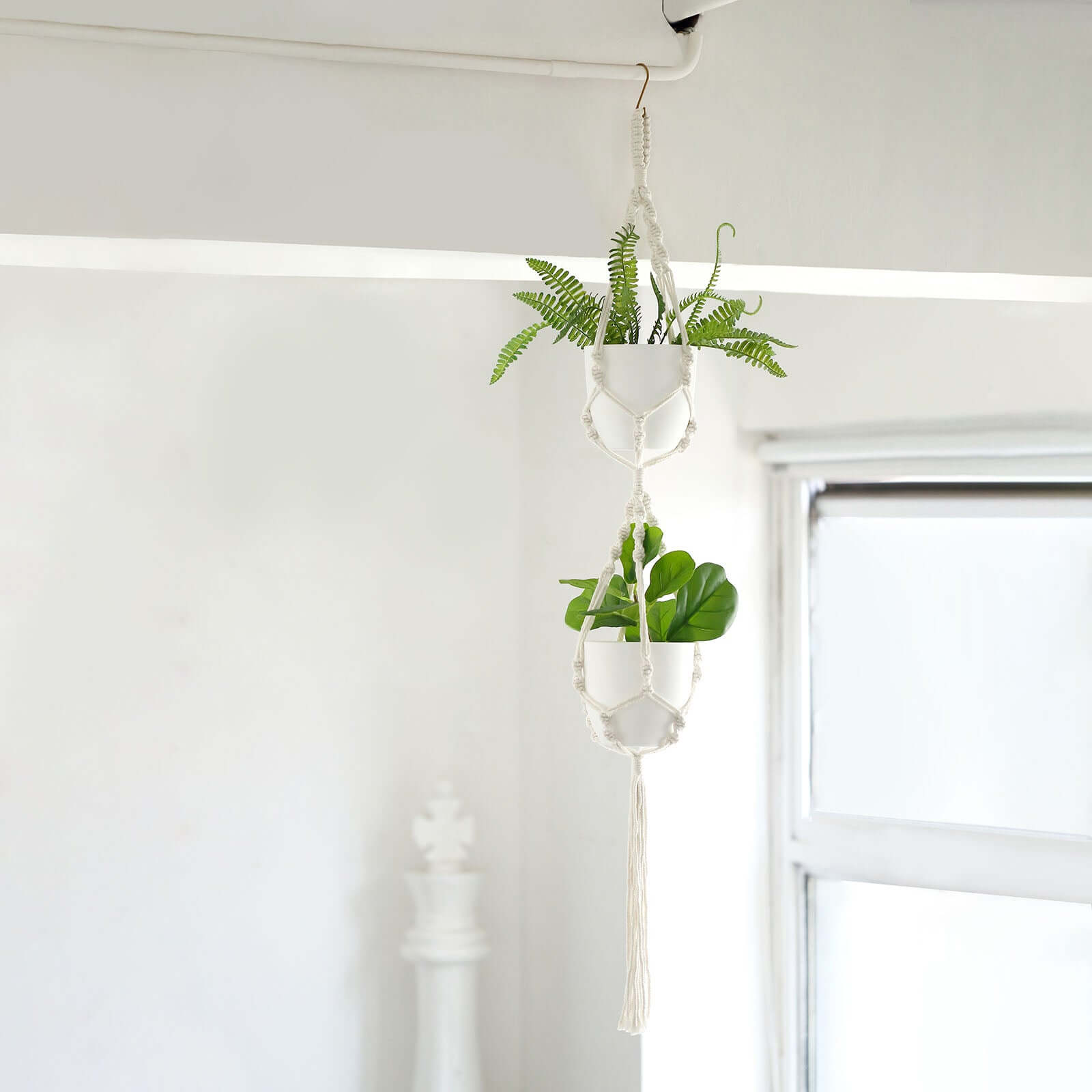 2-Tier Hanging Planter Basket with Tassels Ivory Double Boho Design - Cotton Rope Indoor Decorative Holders