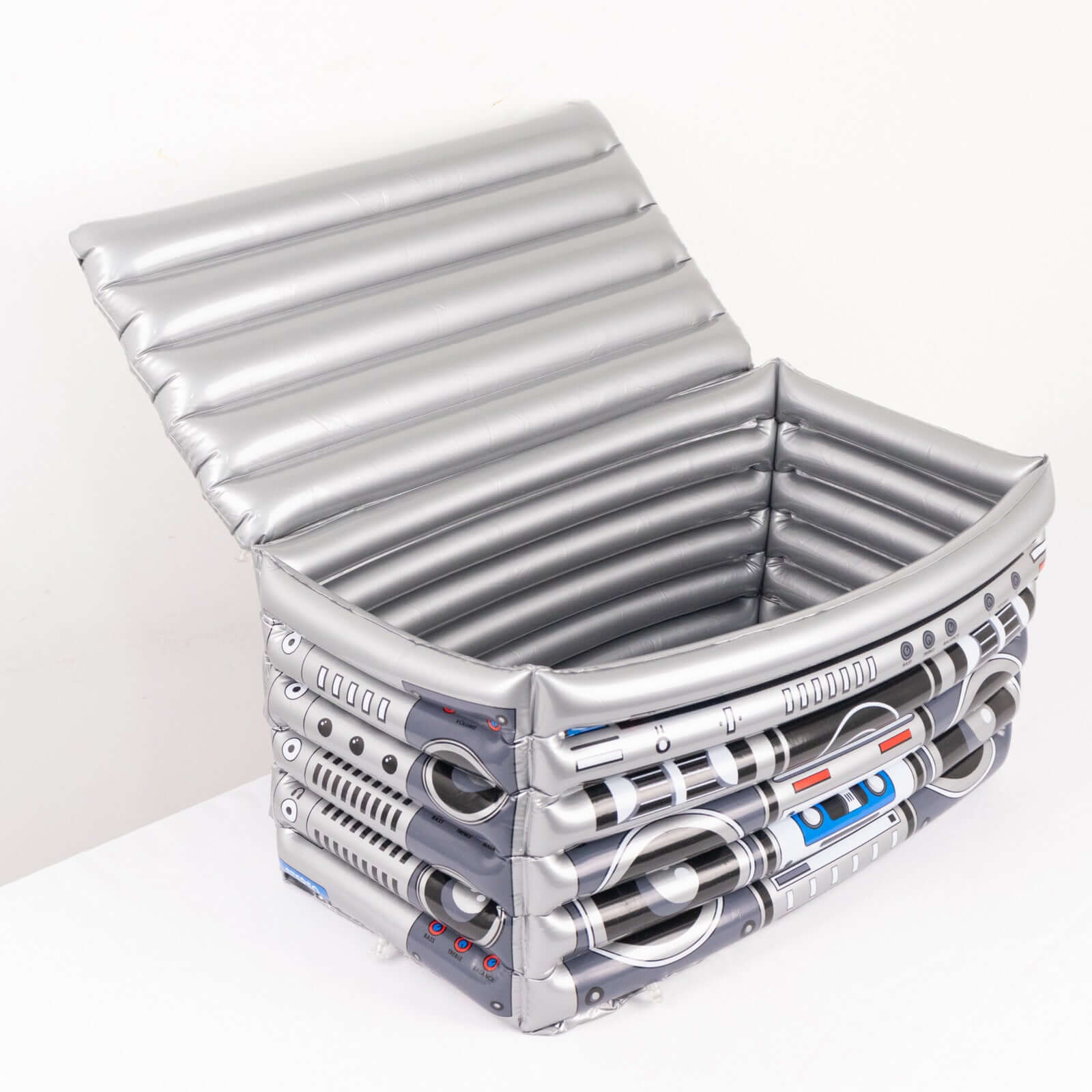 Silver Inflatable Ice Beverage Cooler with 80's Boom Box Design - Party Drink Container for Pool Events 24x12