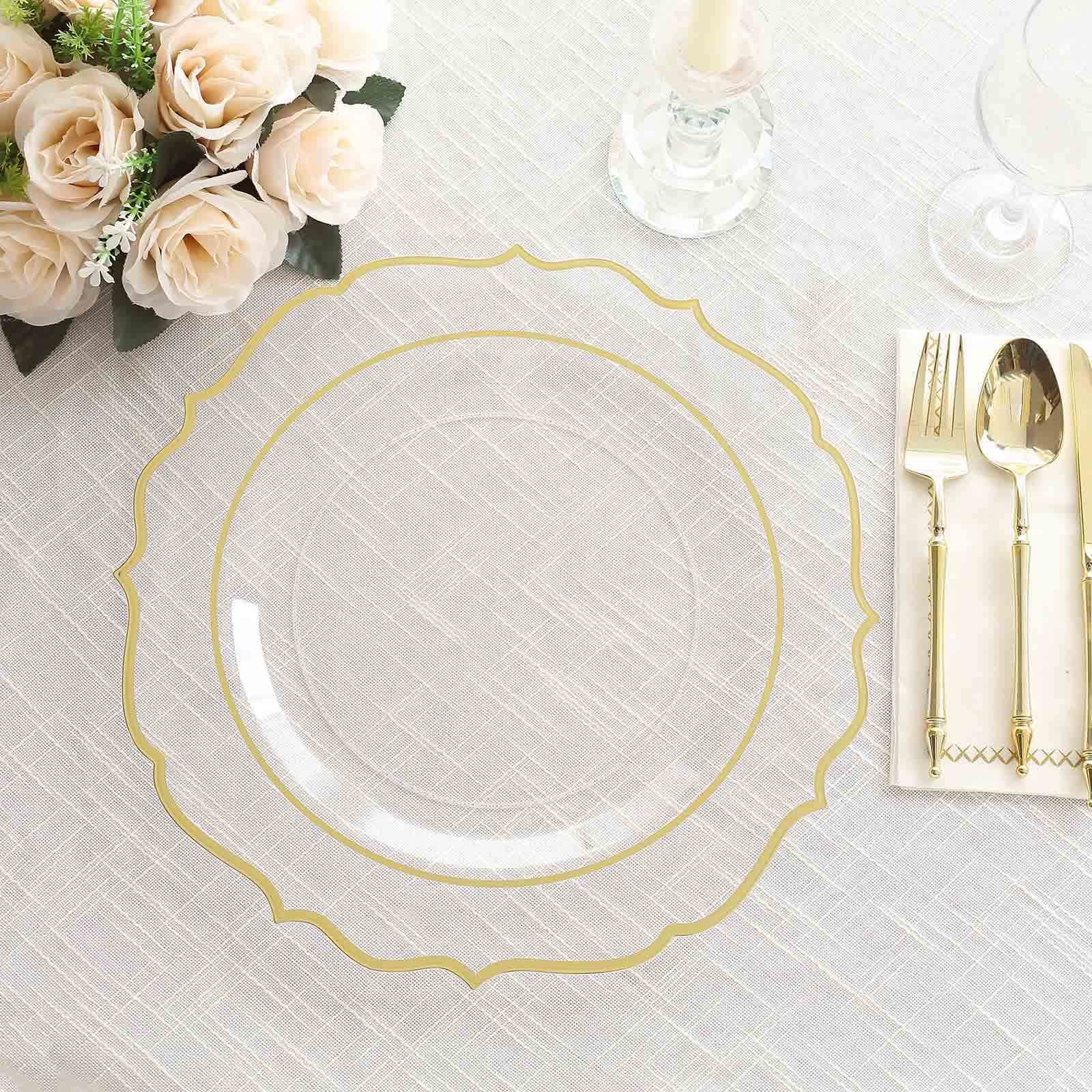 10-Pack Economy Plastic Round Charger Plates 13 in Clear with Gold Scalloped Rim, Decorative Dinner Party Serving Plates