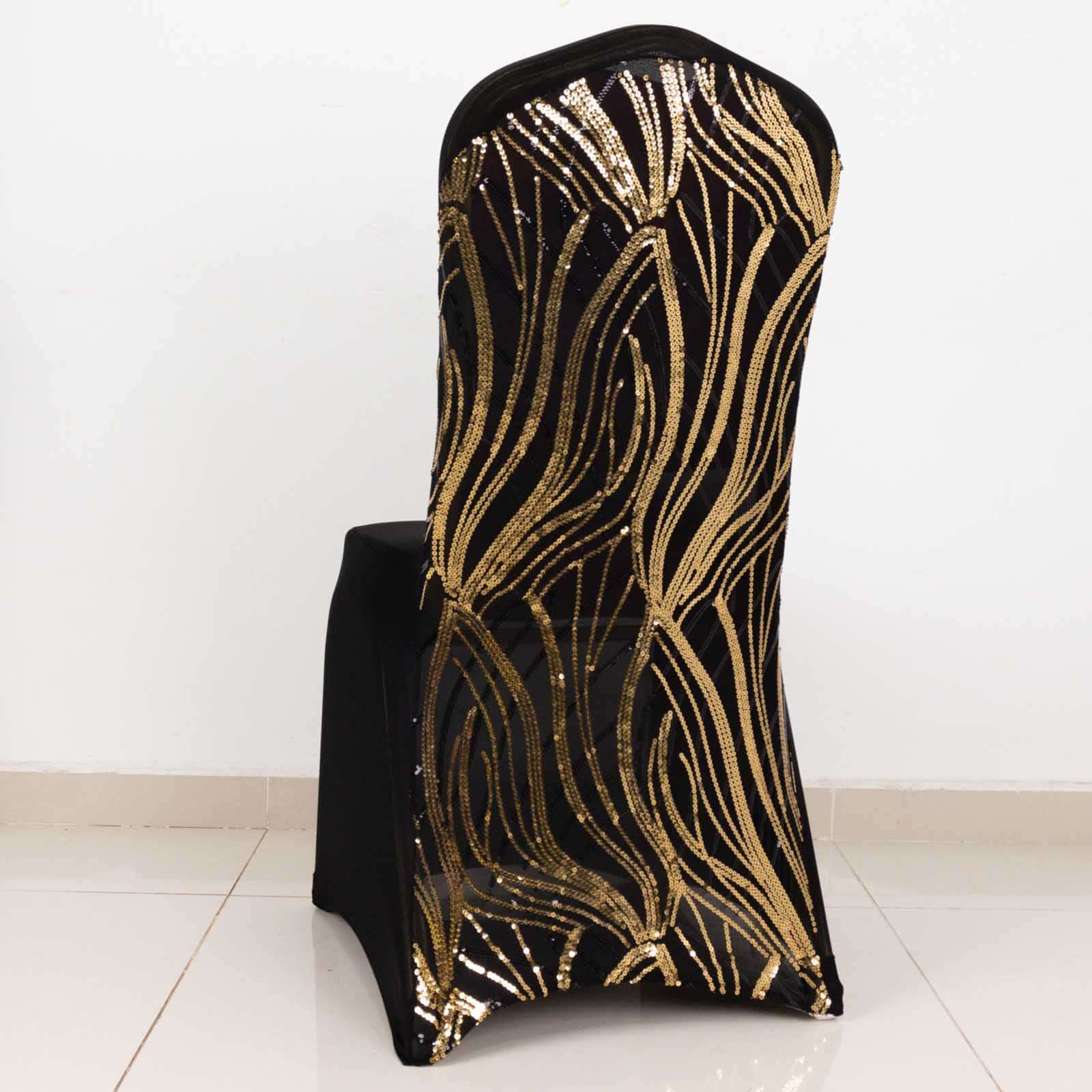 Spandex Chair Cover with Wave Embroidered Sequins for Banquet Chairs Black/Gold - Glittering Stretch Fitted Slipcover