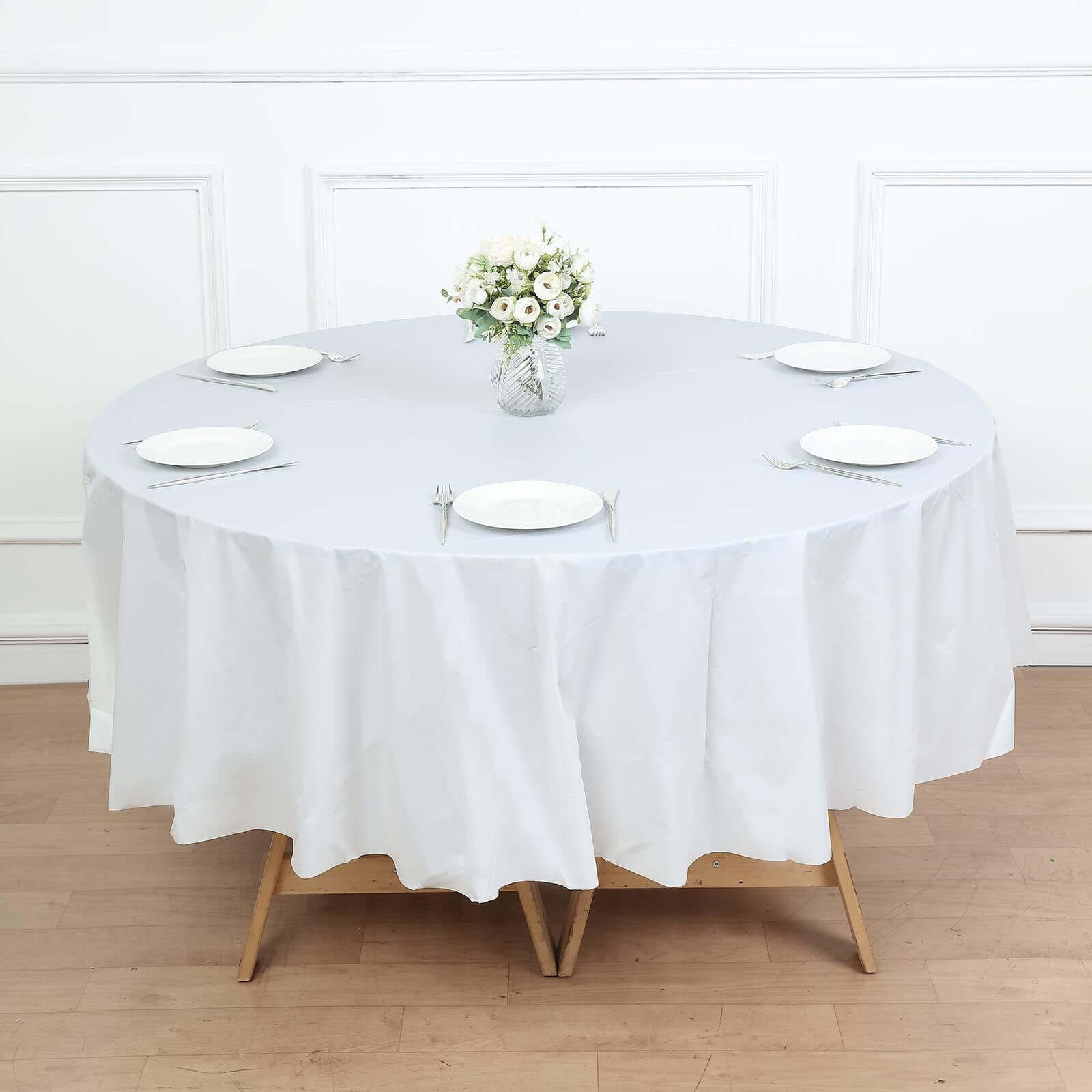 5-Pack Plastic Table Covers White Round - Durable PVC Disposable Tablecloths for Events 84