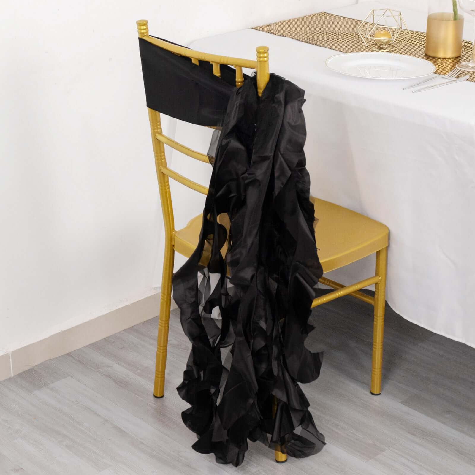 5 Pack Chiffon Satin Chair Sashes Black - Easy to Install Lustrous Ruffled Curly Willow Wedding Chair Decorations