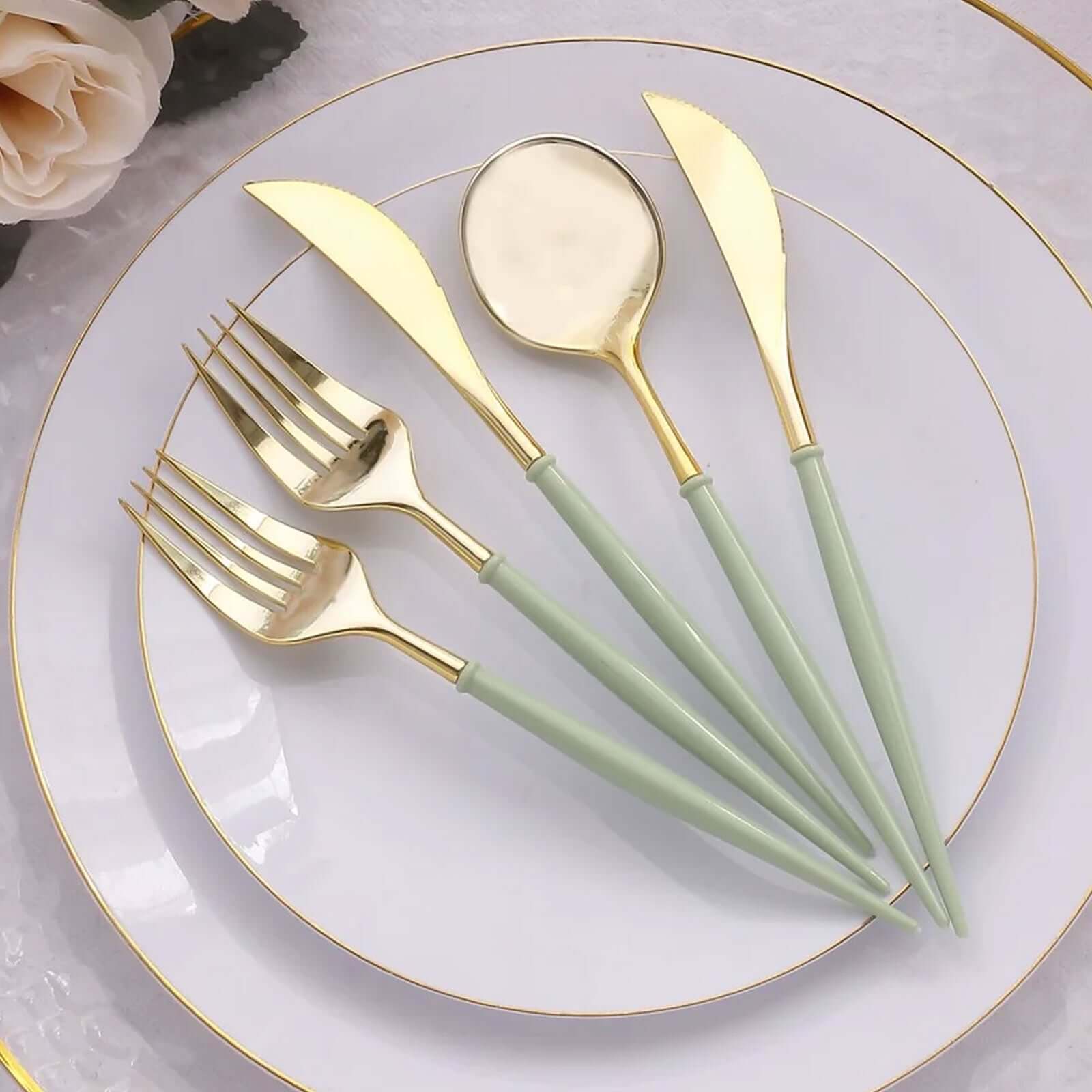 24-Pack Plastic Flatware Set in Metallic Gold with Sage Green Handle - Heavy Duty Disposable Modern Silverware 8