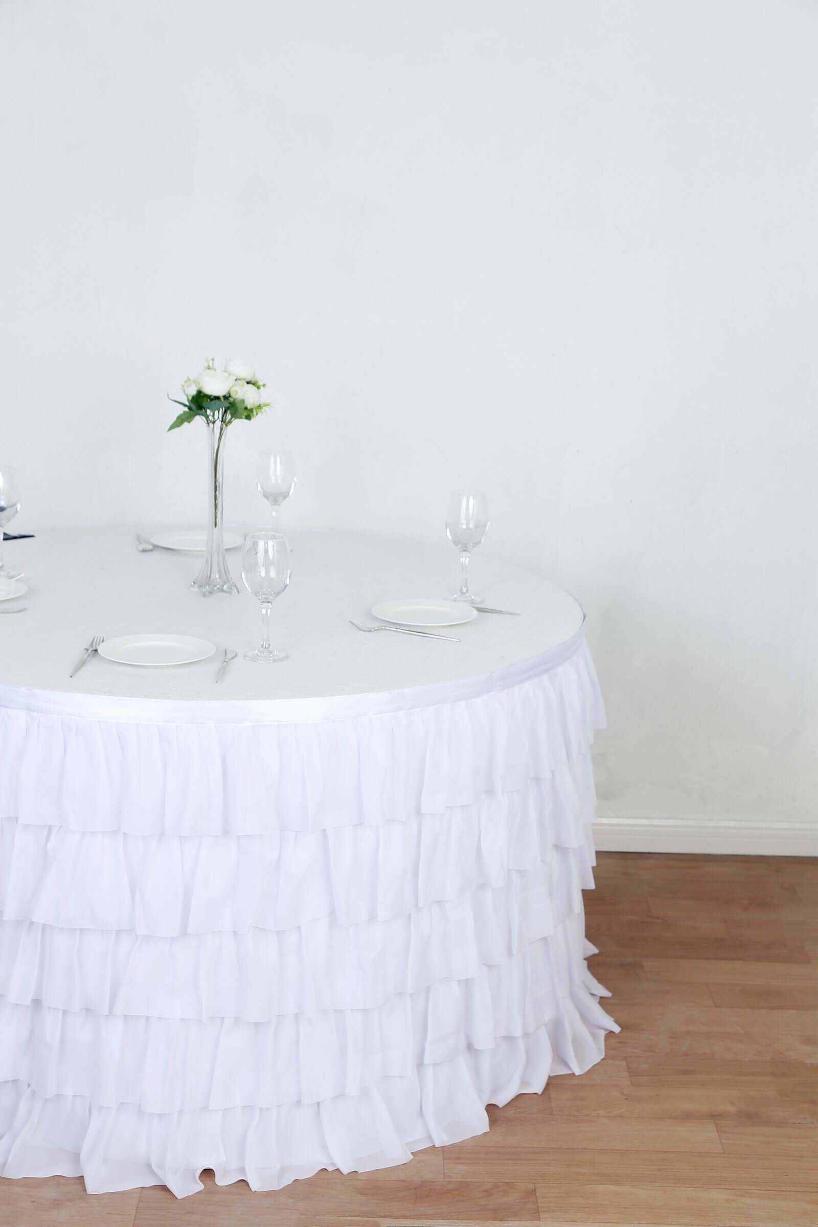 Chiffon 14ft Table Skirt White - 5-Tier Ombre Ruffled Tutu Table Cover with Satin Backing for Sophisticated Events