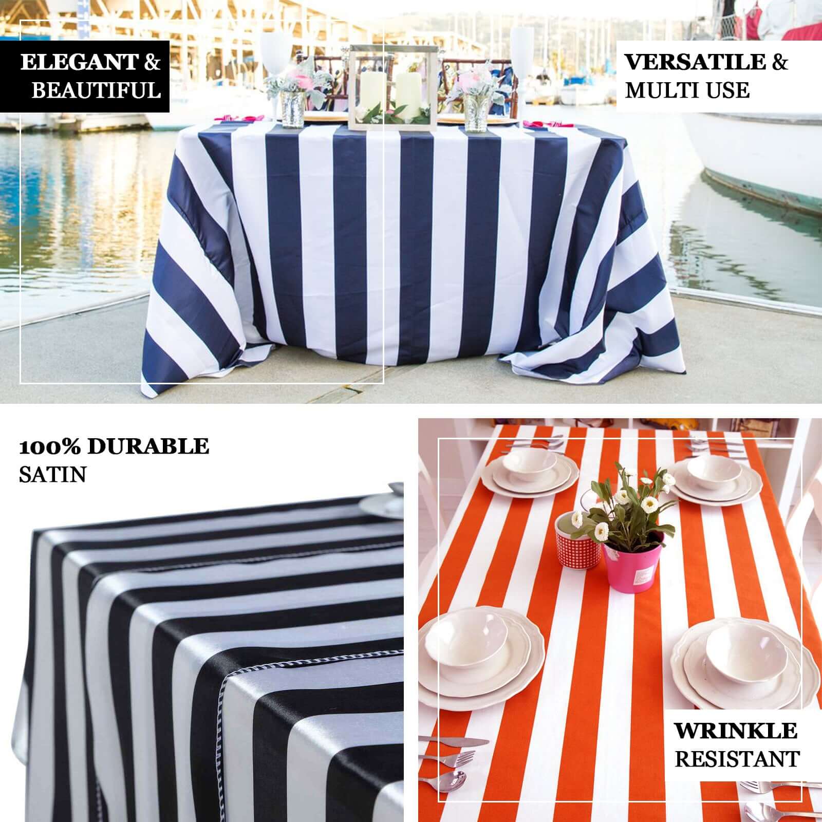 Satin 60x102 Rectangle Tablecloth Black/White - Stripe Design with Stylish Smooth Finish Table Cover