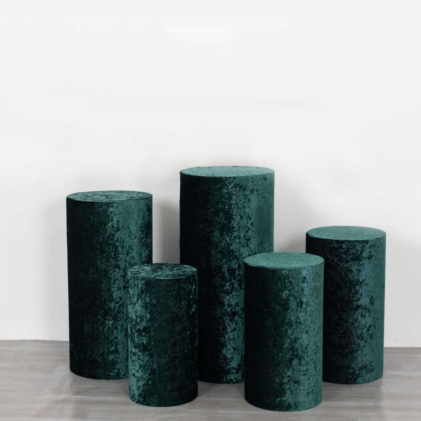 Set of 5 Hunter Emerald Green Crushed Velvet Cylinder Pedestal Stand Covers, Premium Pillar Prop Covers