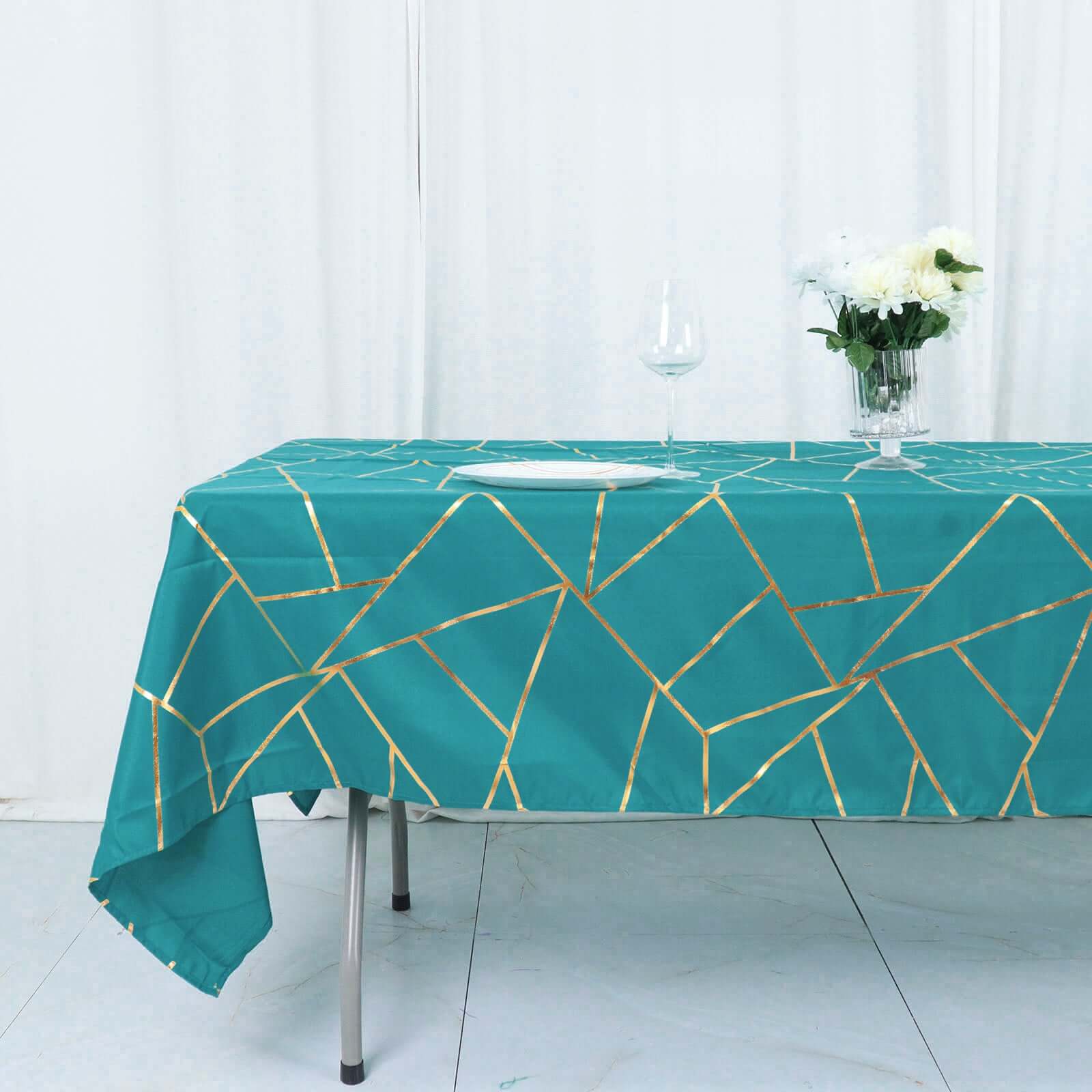 Polyester 60x102 Rectangle Tablecloth Teal with Gold Foil Geometric Pattern - Wrinkle-Resistant & Durable Table Cover