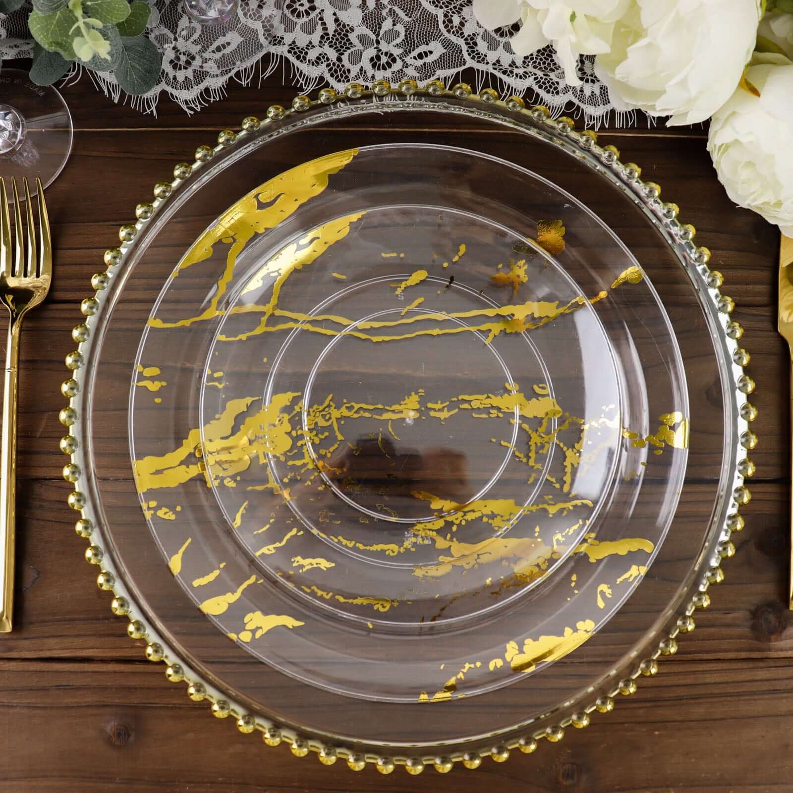 10-Pack Plastic 10 Round Dinner Plates in Clear with Gold Marble Print - Disposable Party Plates for Chic Banquets & Special Occasions