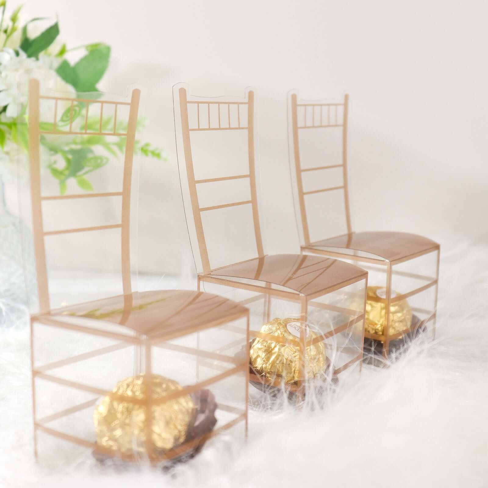 25 Pack Clear and Gold PVC Chiavari Chair-Shaped Party Favor Candy Gift Boxes - 2x5