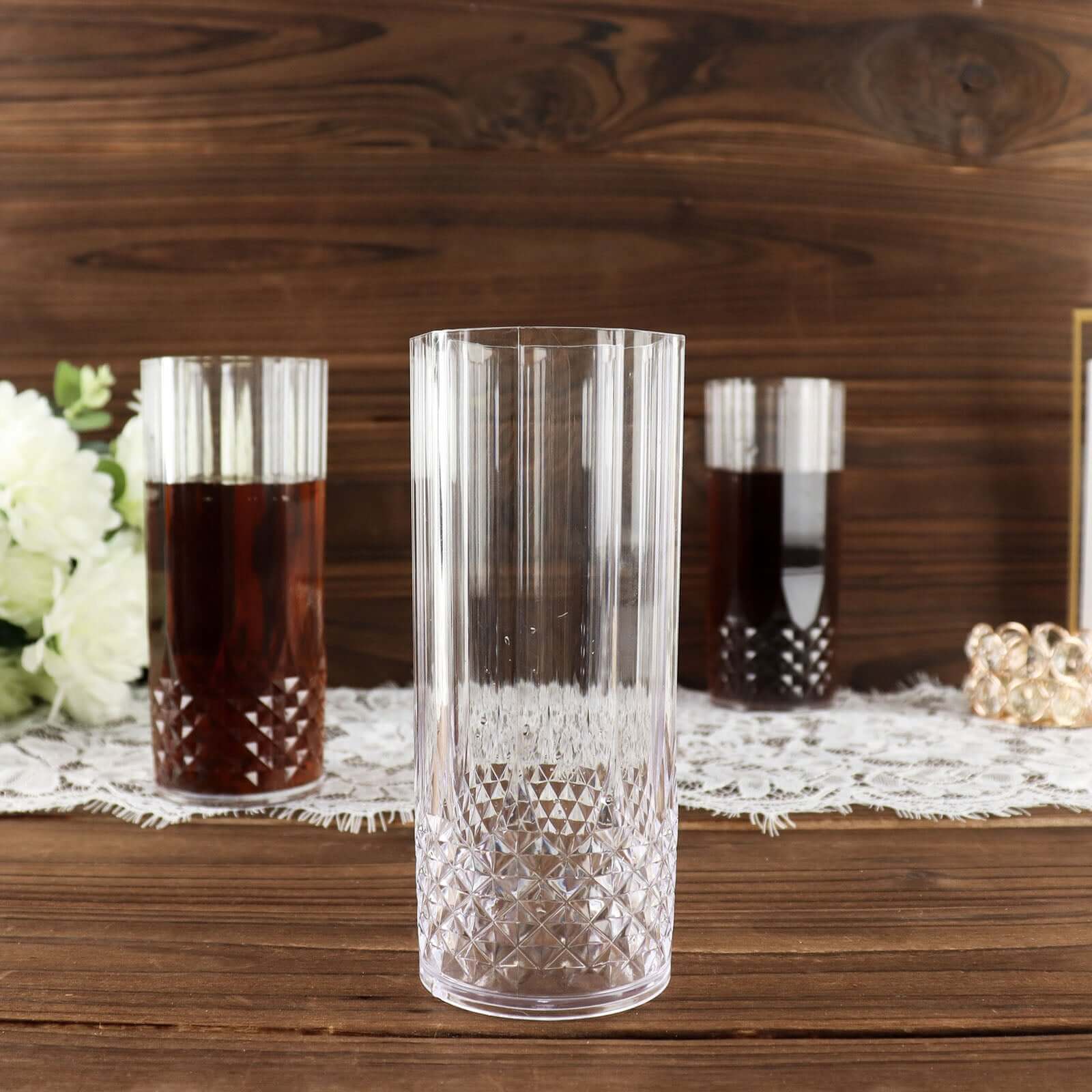 6-Pack Plastic Cocktail Tumblers Clear Transparent Crystal Cut Style - Shatterproof Highball Glasses 14oz