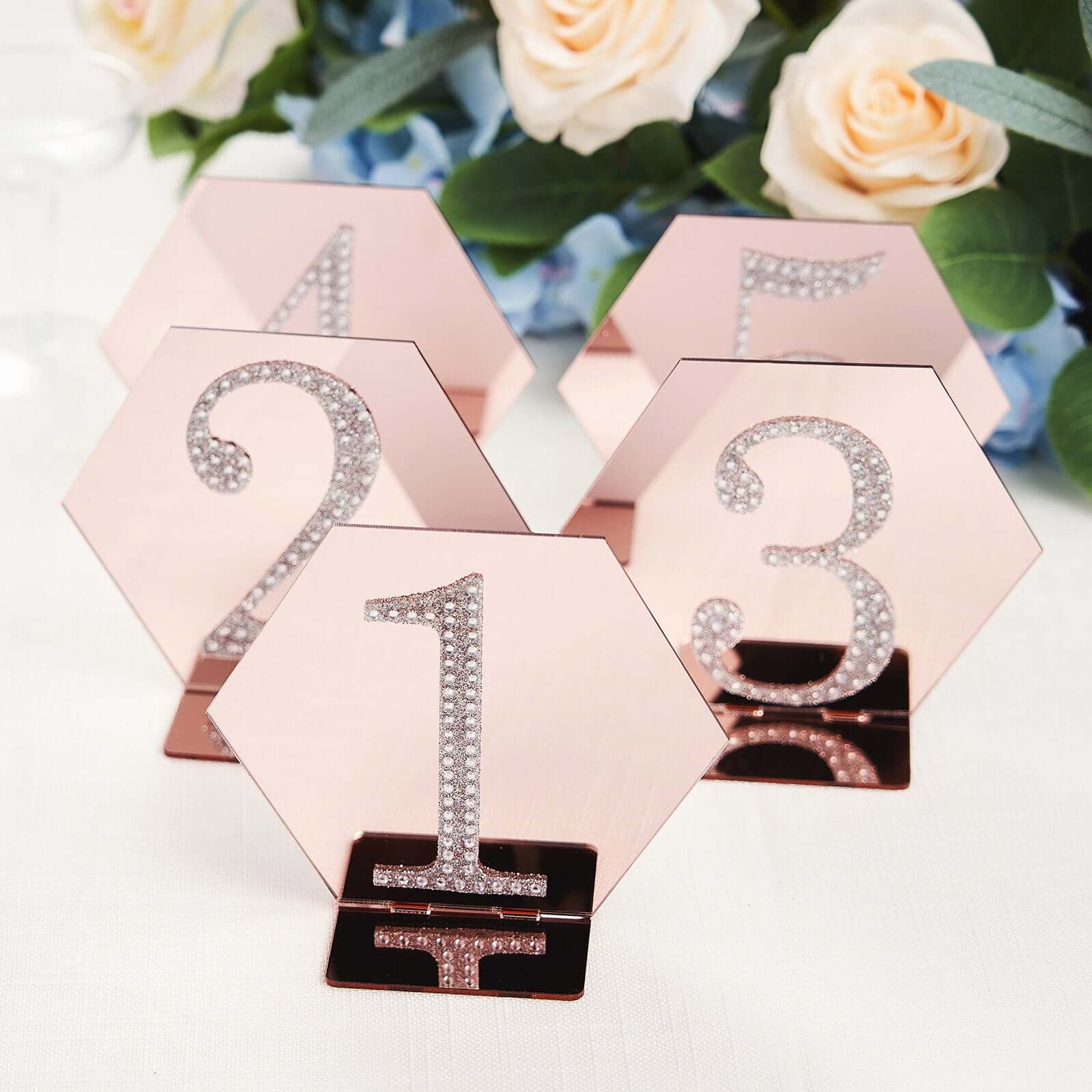 5-Pack Acrylic Table Sign Holders Hexagon Design Rose Gold - Ideal for Modern Event Centerpieces 5