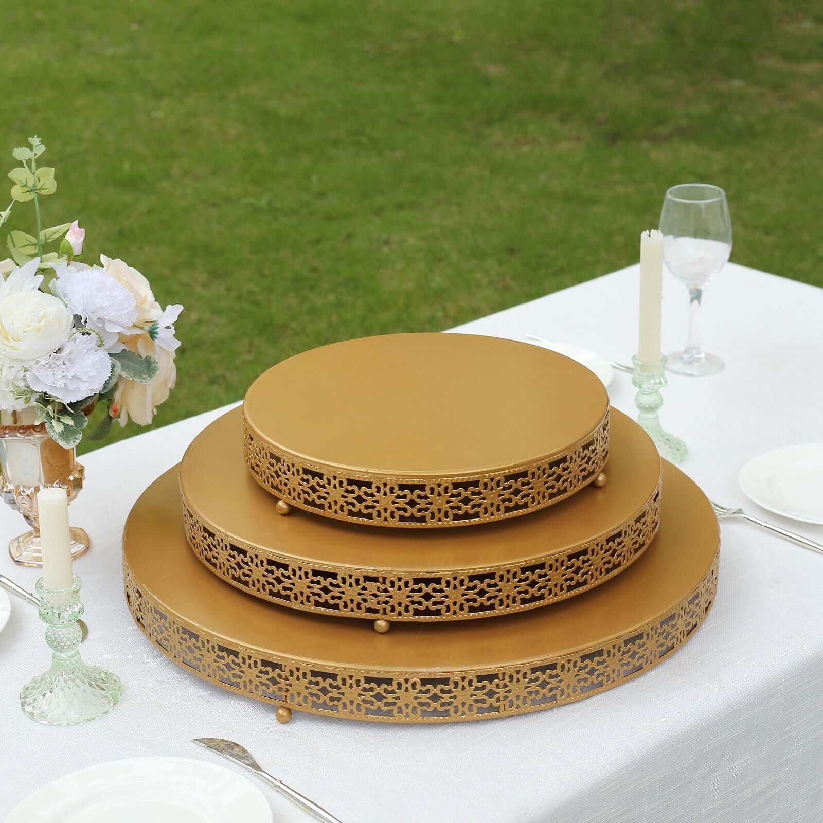 Metal Pedestal Cake Stand Fleur De Lis Round Design Gold - Cupcake Dessert Display Table Centerpiece 12