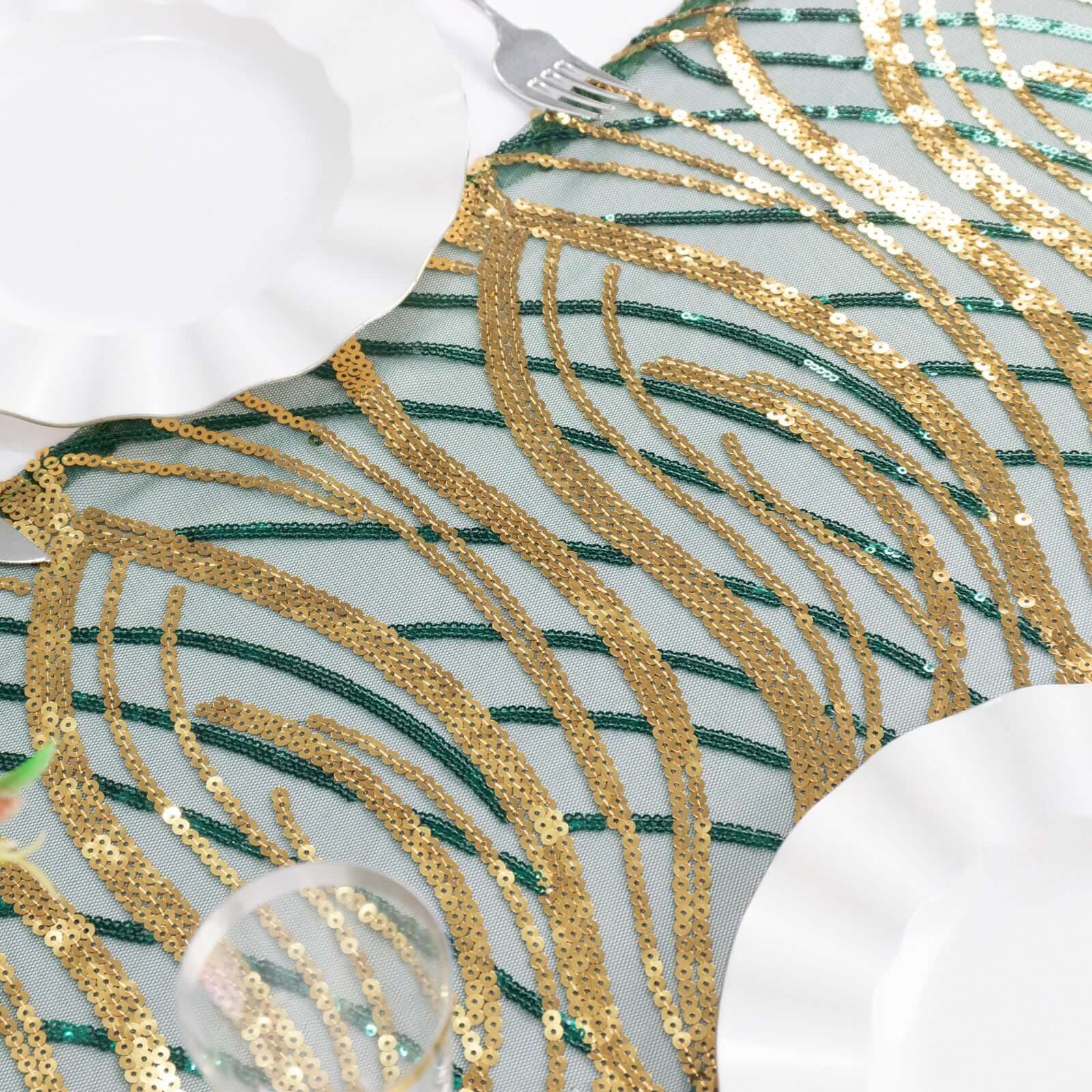 Sequin Mesh 12x108 Table Runner Hunter Emerald Green Stylish Wave Embroidery