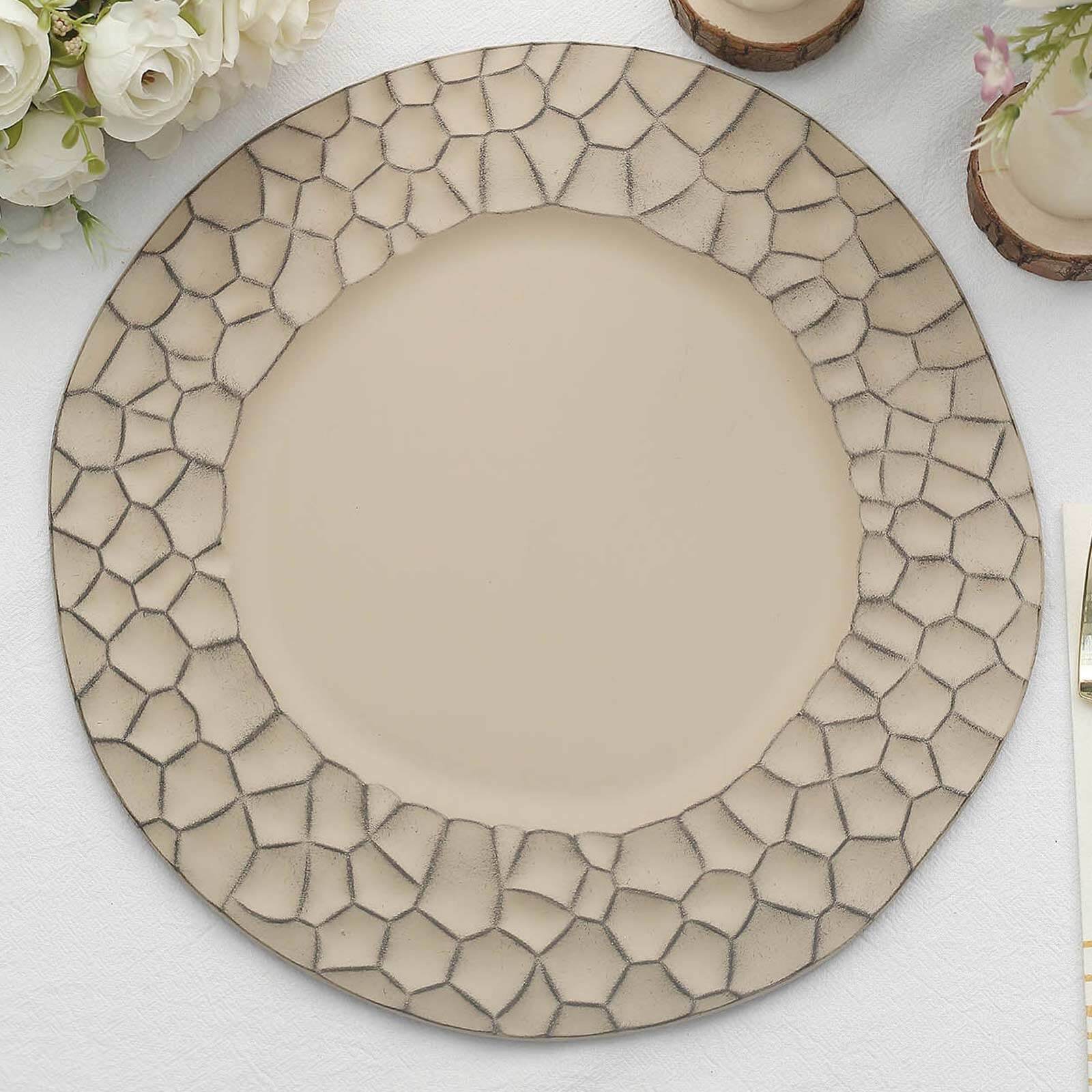 6-Pack Round Charger Plates 13 in Taupe with Hammered Rim, Matte Finish Modern Dinner Charger Tableware