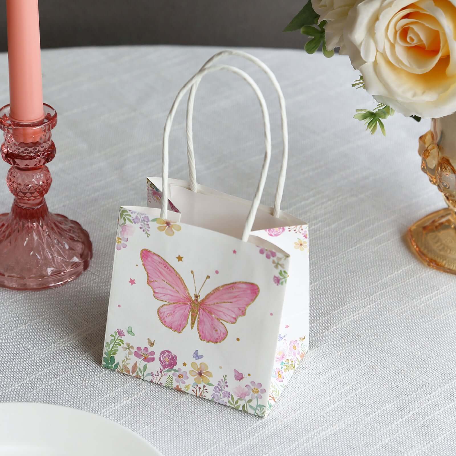 12 Pack Pink Glitter Butterfly Paper Favor Bags With Handles, Floral Print White Goodie Gift Bags - 4x4