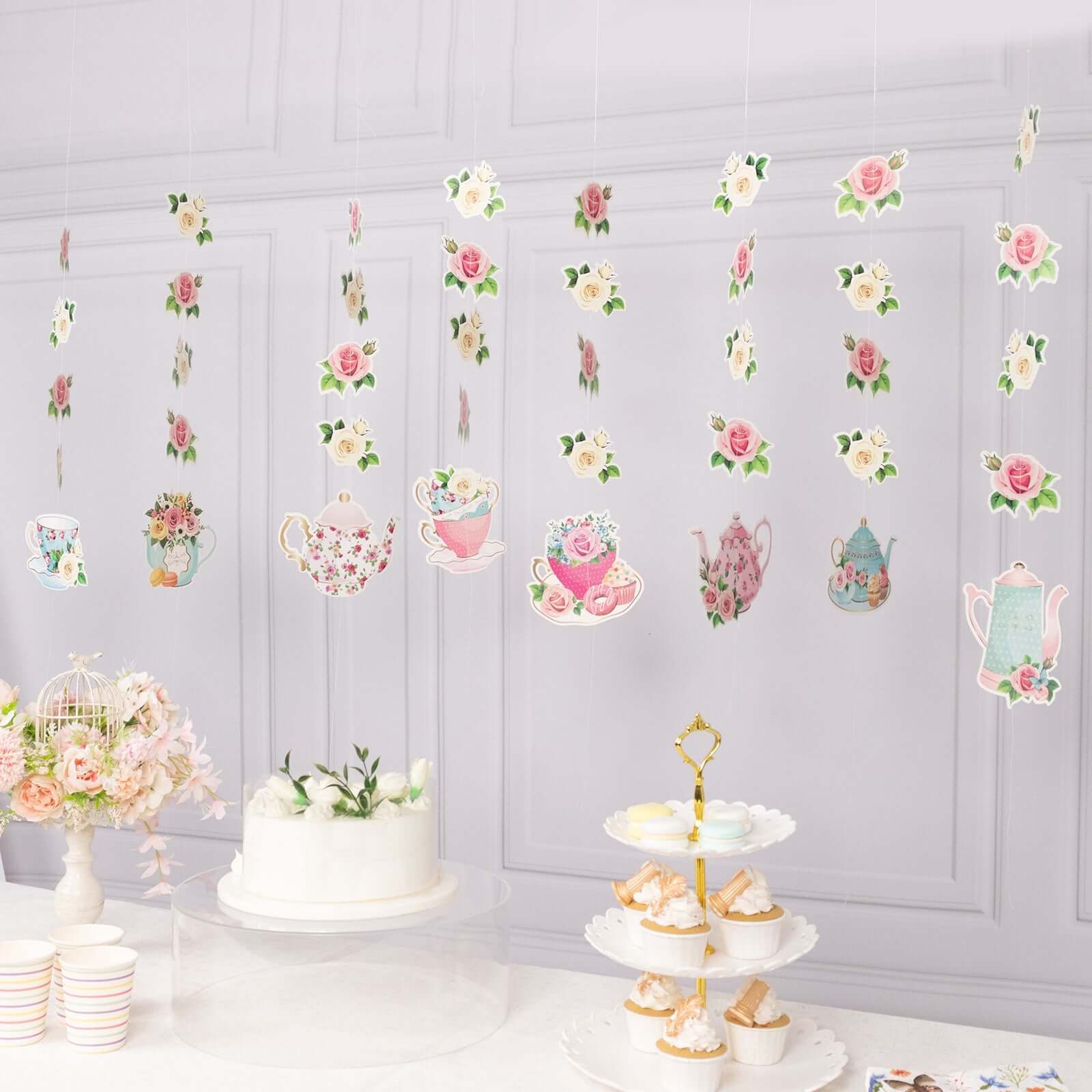 8 Pack Double Sided Floral Tea Party Paper Garland, 40 Pre-Assembled Mixed Teapot Banner Hanging Decorations