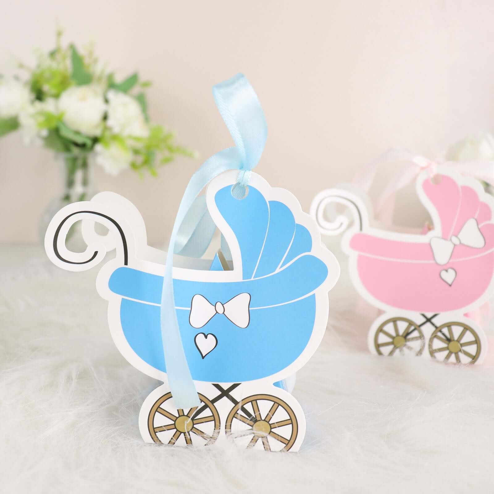 25 Pack Light Blue Baby Paper Stroller Party Favor Gift Boxes, Cardstock Carriage Candy Boxes with Ribbon Ties - 4.5x2x4