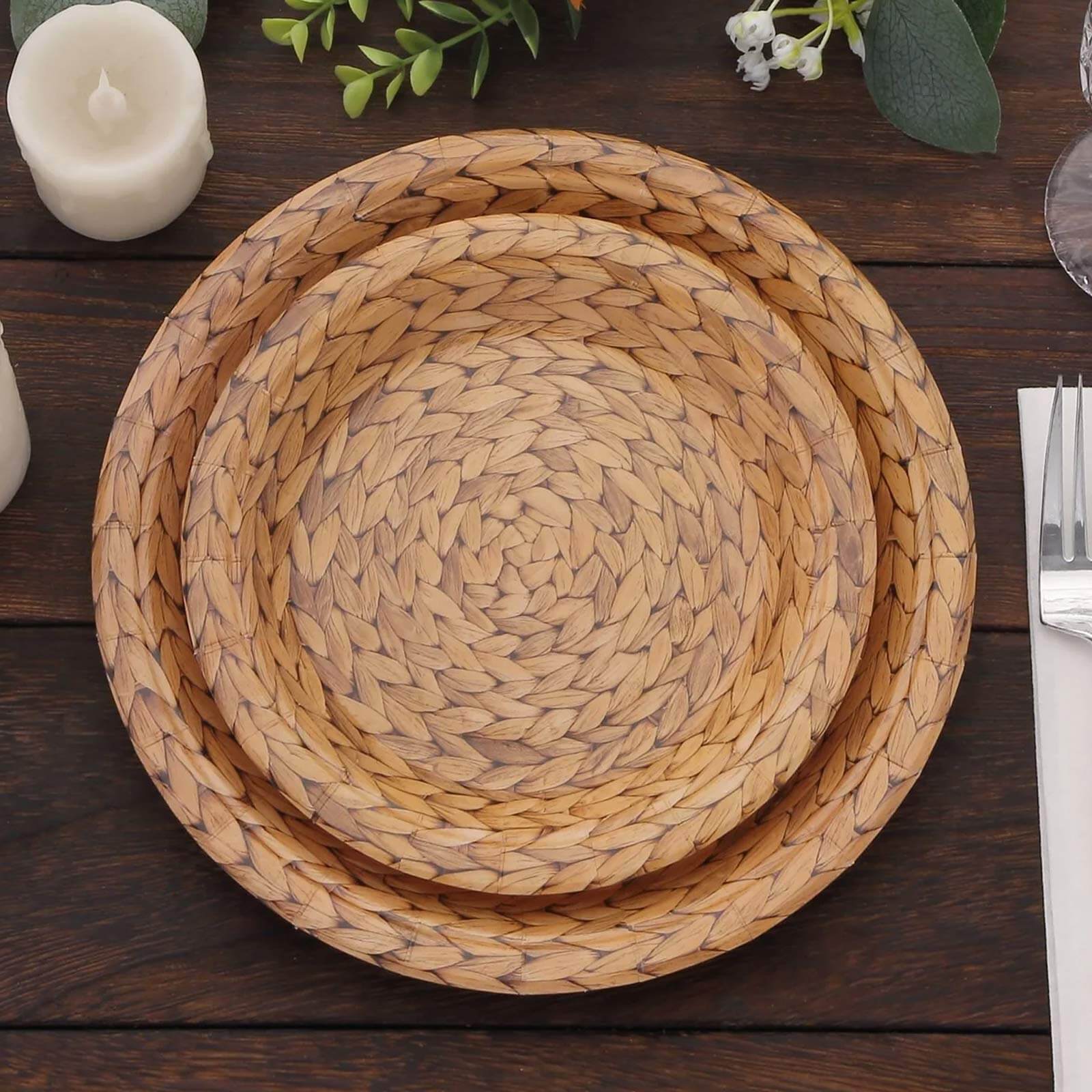 25-Pack Paper 7 Round Dessert Plates in Natural with Woven Rattan Print - Rustic Farmhouse Disposable 300GSM Appetizer Salad Plates for Indoor & Outdoor Gatherings